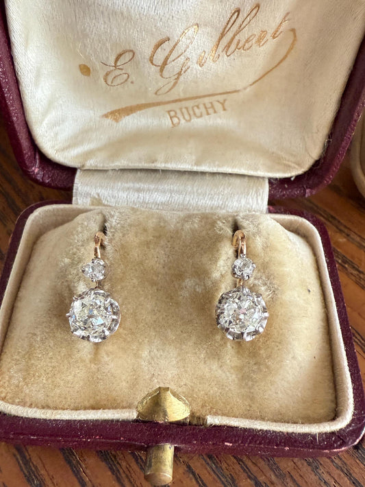 BOXED Antique 1.5 Carat Tdw Old Mine Cut Diamond Earrings 18k Gold French Victorian Dangle Dormeuse Gift Belle Epoque Bridal Something Old