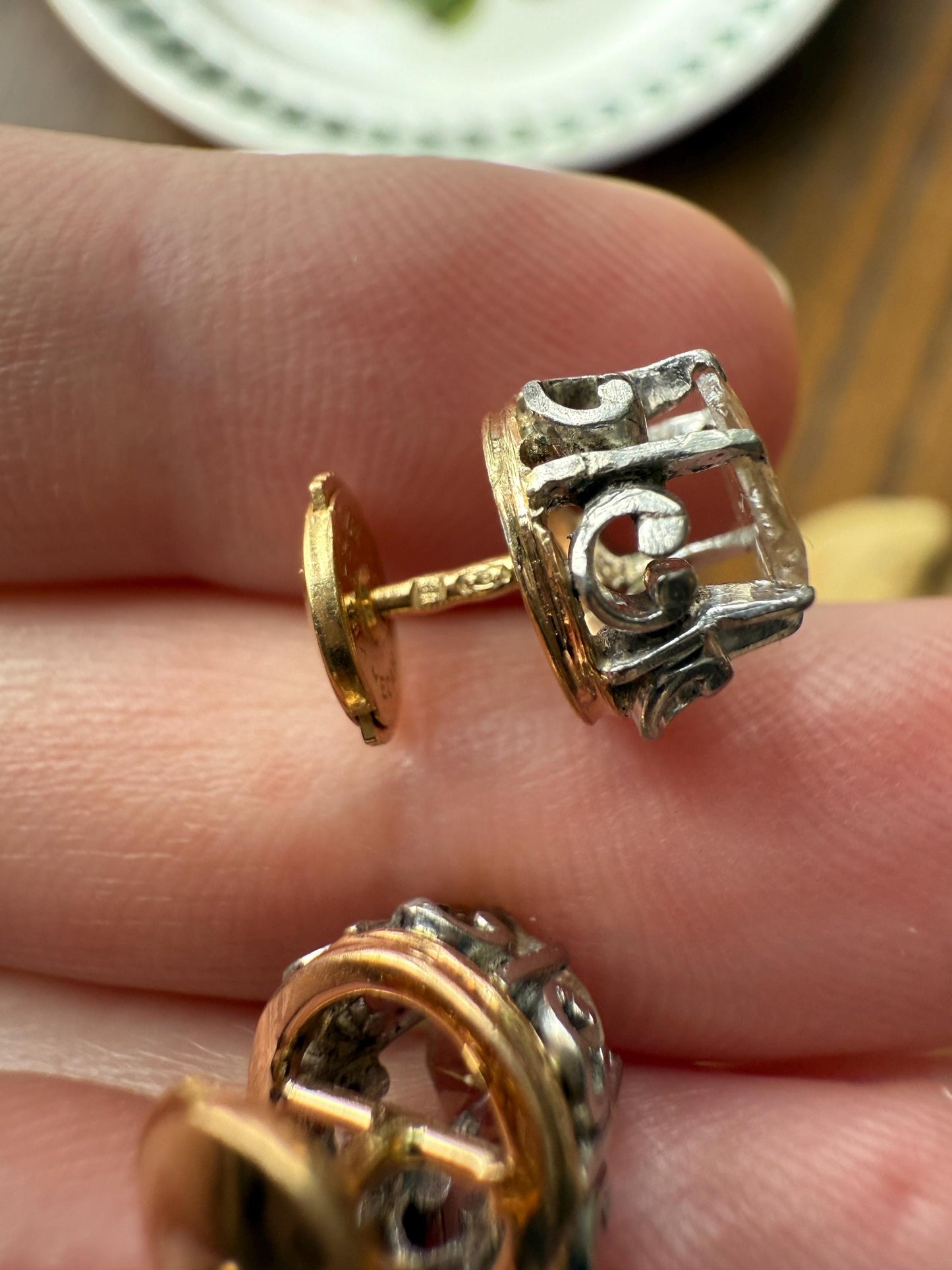 French VICTORIAN Antique Triangular Natural Rose Cut DIAMOND Stud EARRINGS 2 Carats Face Up 18k Gold Solid Platinum Crown Fleur De Lis Prong