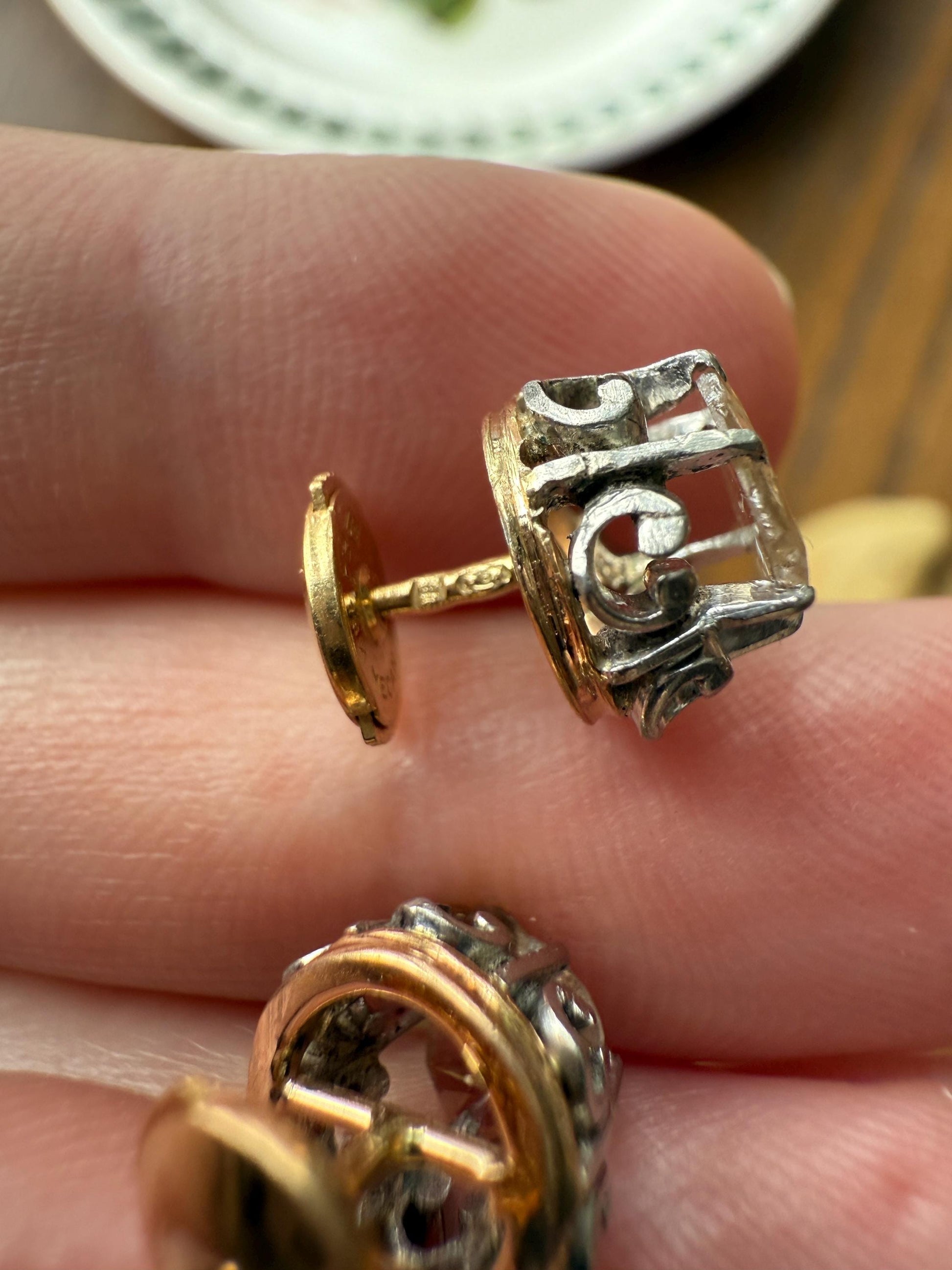 French VICTORIAN Antique Triangular Natural Rose Cut DIAMOND Stud EARRINGS 2 Carats Face Up 18k Gold Solid Platinum Crown Fleur De Lis Prong