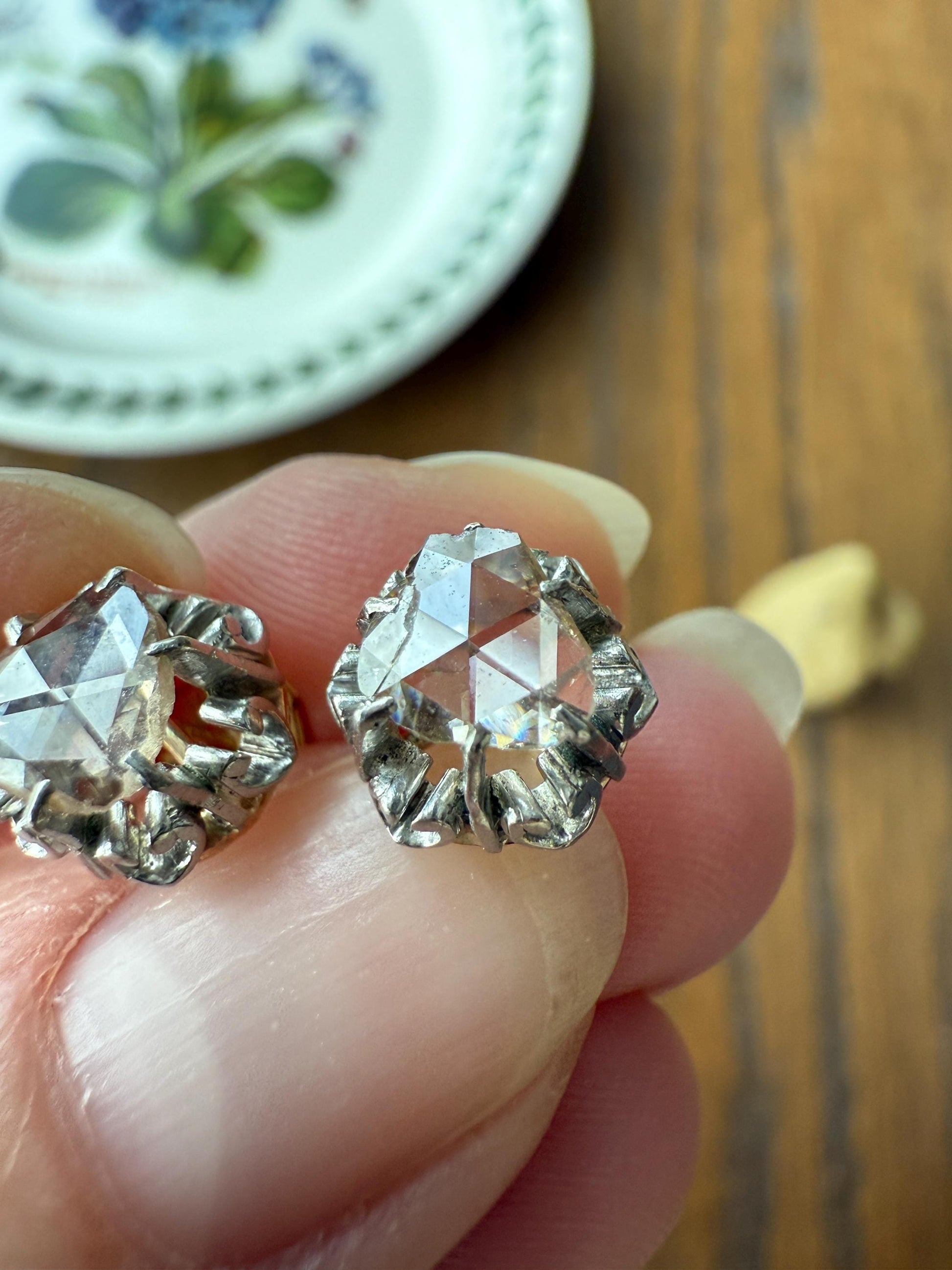 French VICTORIAN Antique Triangular Natural Rose Cut DIAMOND Stud EARRINGS 2 Carats Face Up 18k Gold Solid Platinum Crown Fleur De Lis Prong