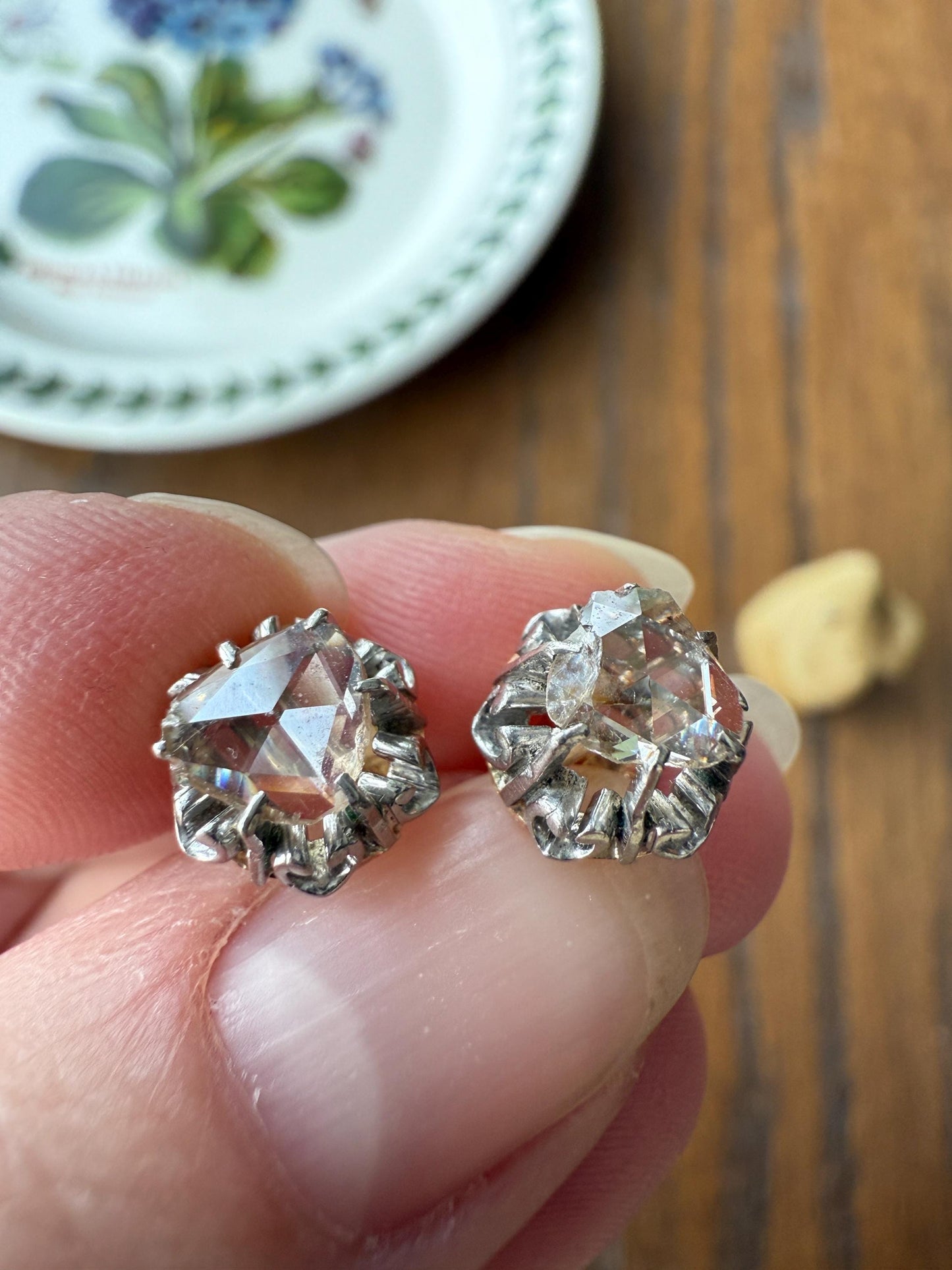 French VICTORIAN Antique Triangular Natural Rose Cut DIAMOND Stud EARRINGS 2 Carats Face Up 18k Gold Solid Platinum Crown Fleur De Lis Prong