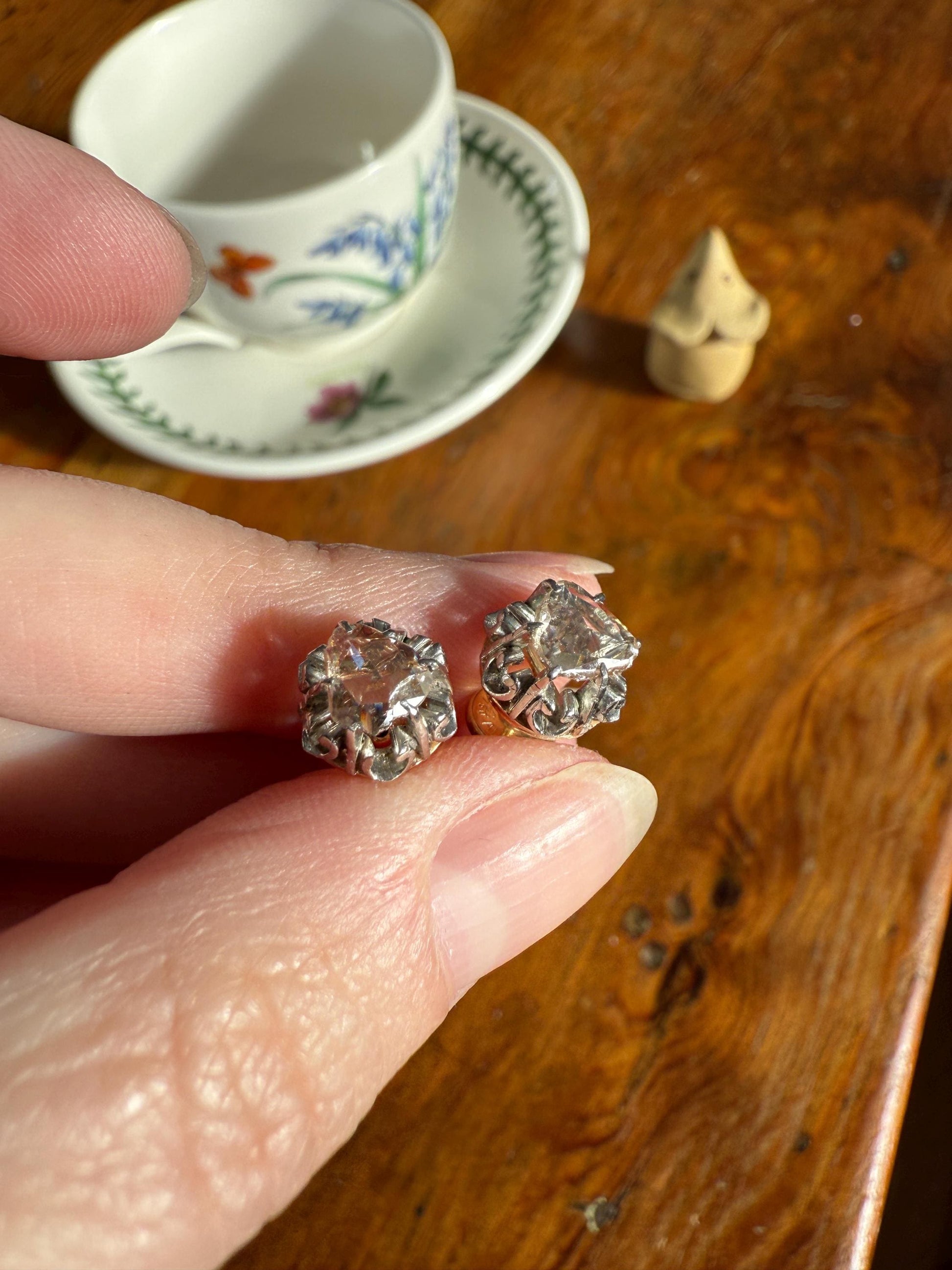 French VICTORIAN Antique Triangular Natural Rose Cut DIAMOND Stud EARRINGS 2 Carats Face Up 18k Gold Solid Platinum Crown Fleur De Lis Prong
