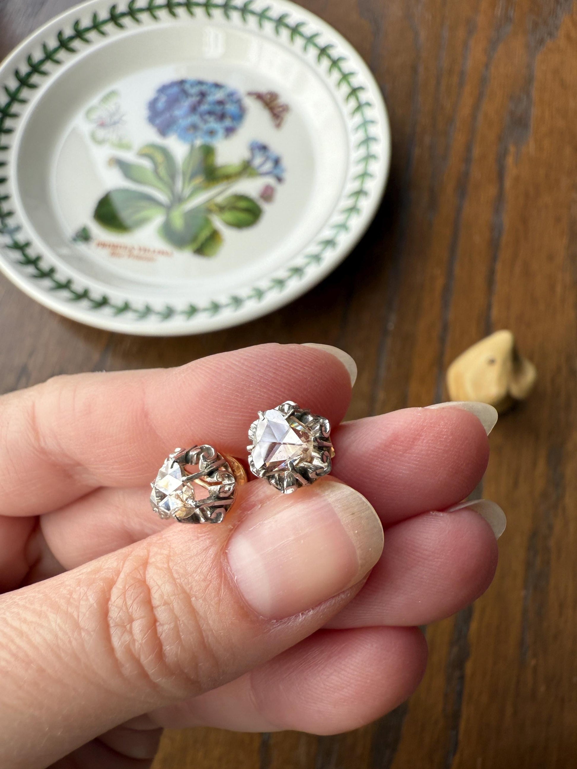 French VICTORIAN Antique Triangular Natural Rose Cut DIAMOND Stud EARRINGS 2 Carats Face Up 18k Gold Solid Platinum Crown Fleur De Lis Prong