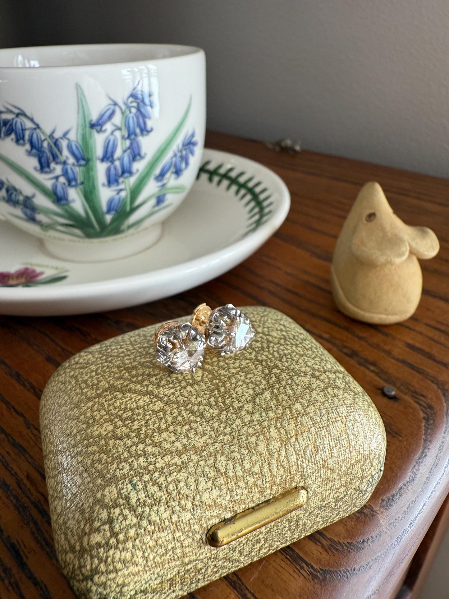 French VICTORIAN Antique Triangular Natural Rose Cut DIAMOND Stud EARRINGS 2 Carats Face Up 18k Gold Solid Platinum Crown Fleur De Lis Prong