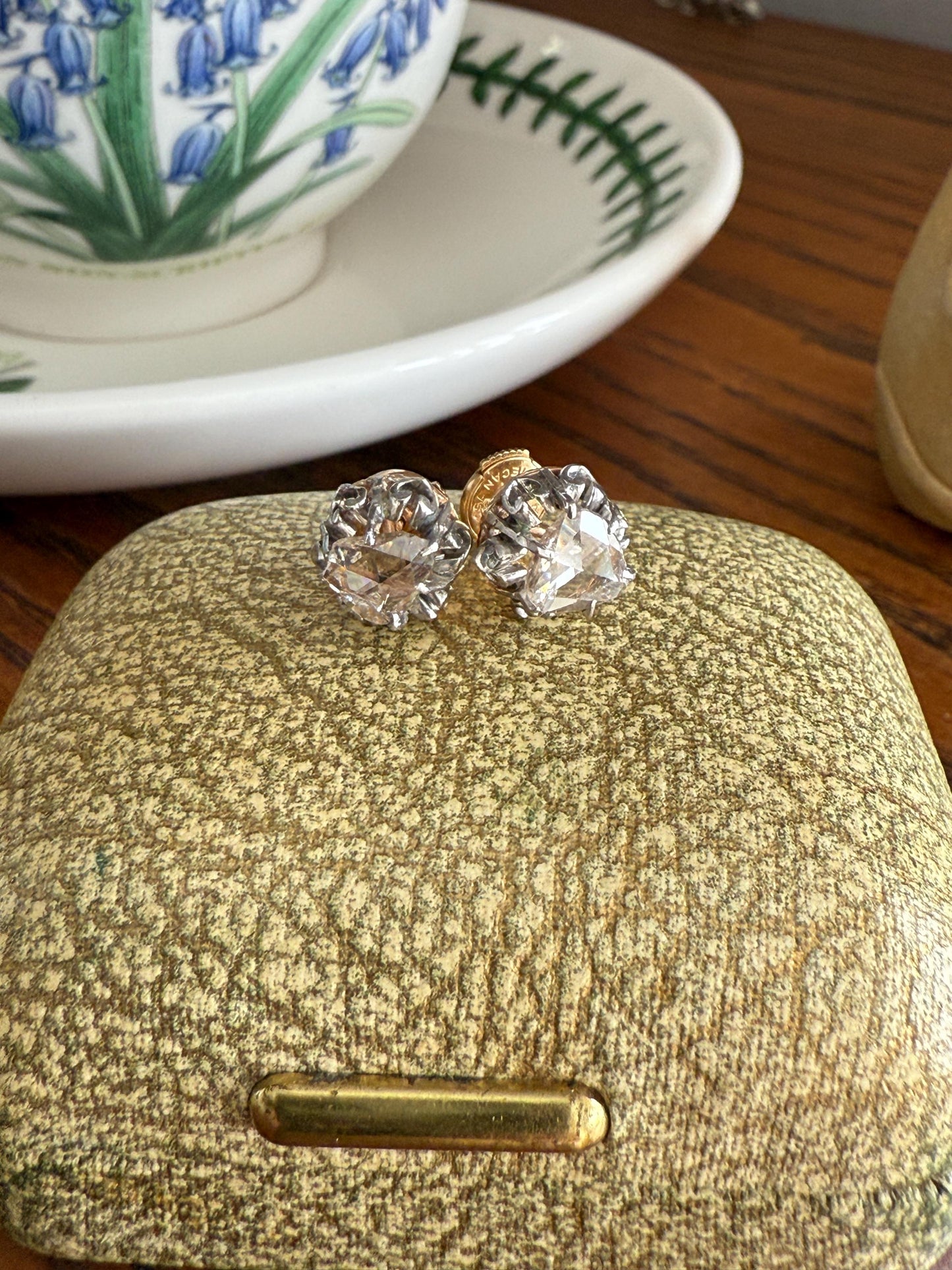French VICTORIAN Antique Triangular Natural Rose Cut DIAMOND Stud EARRINGS 2 Carats Face Up 18k Gold Solid Platinum Crown Fleur De Lis Prong