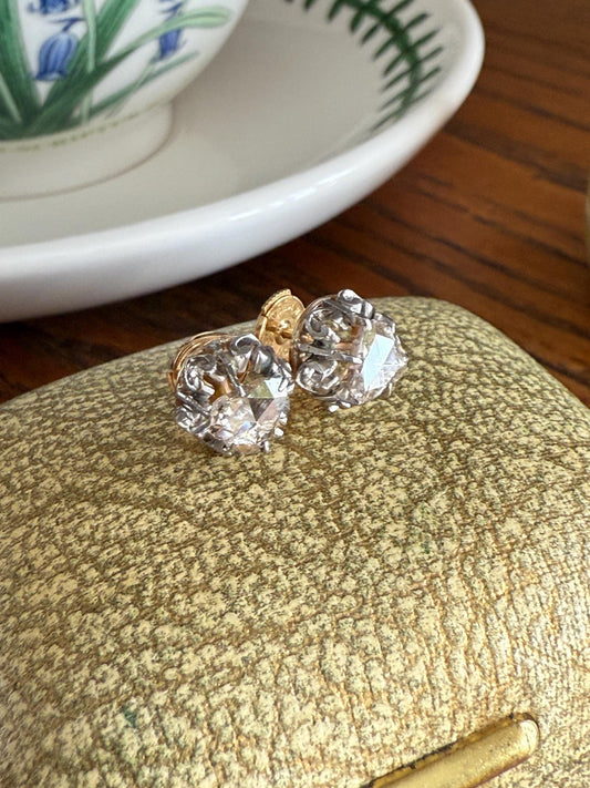 French VICTORIAN Antique Triangular Natural Rose Cut DIAMOND Stud EARRINGS 2 Carats Face Up 18k Gold Solid Platinum Crown Fleur De Lis Prong