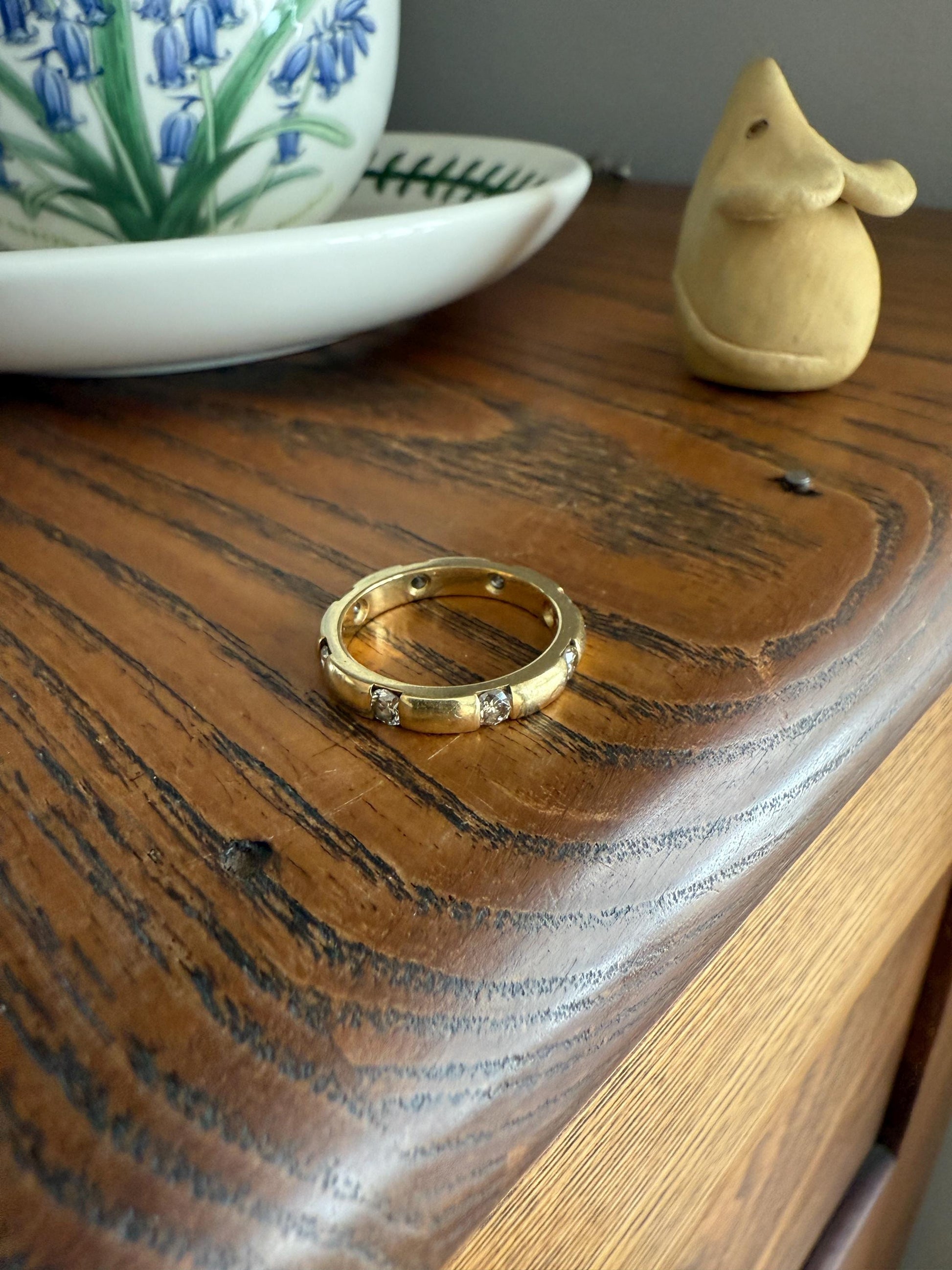 Vintage French 18k Gold Solid Eye Clean .72 Carat Eight Stone Older Brilliant Cut Diamond Chunky Stacker Eternity Band Ring