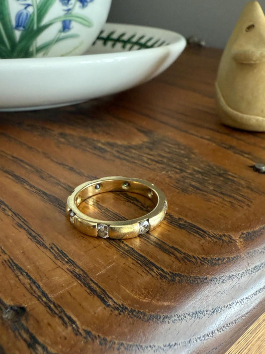 Vintage French 18k Gold Solid Eye Clean .72 Carat Eight Stone Older Brilliant Cut Diamond Chunky Stacker Eternity Band Ring