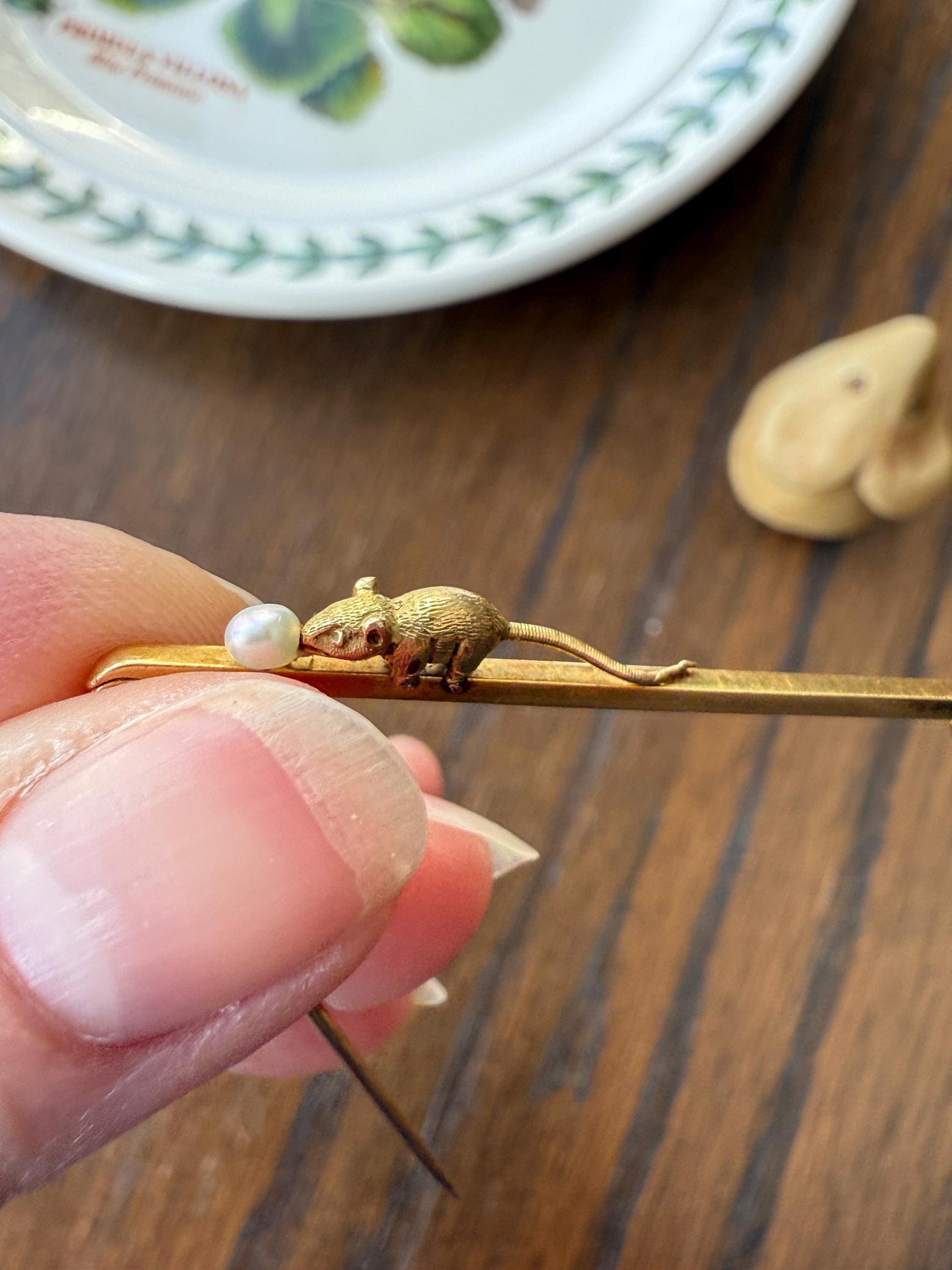 Twinning with MOUSE Victorian Figural Safety Pin Bar Brooch for Pendant Charm Holder French Antique 18k Gold Solid Extender Connector