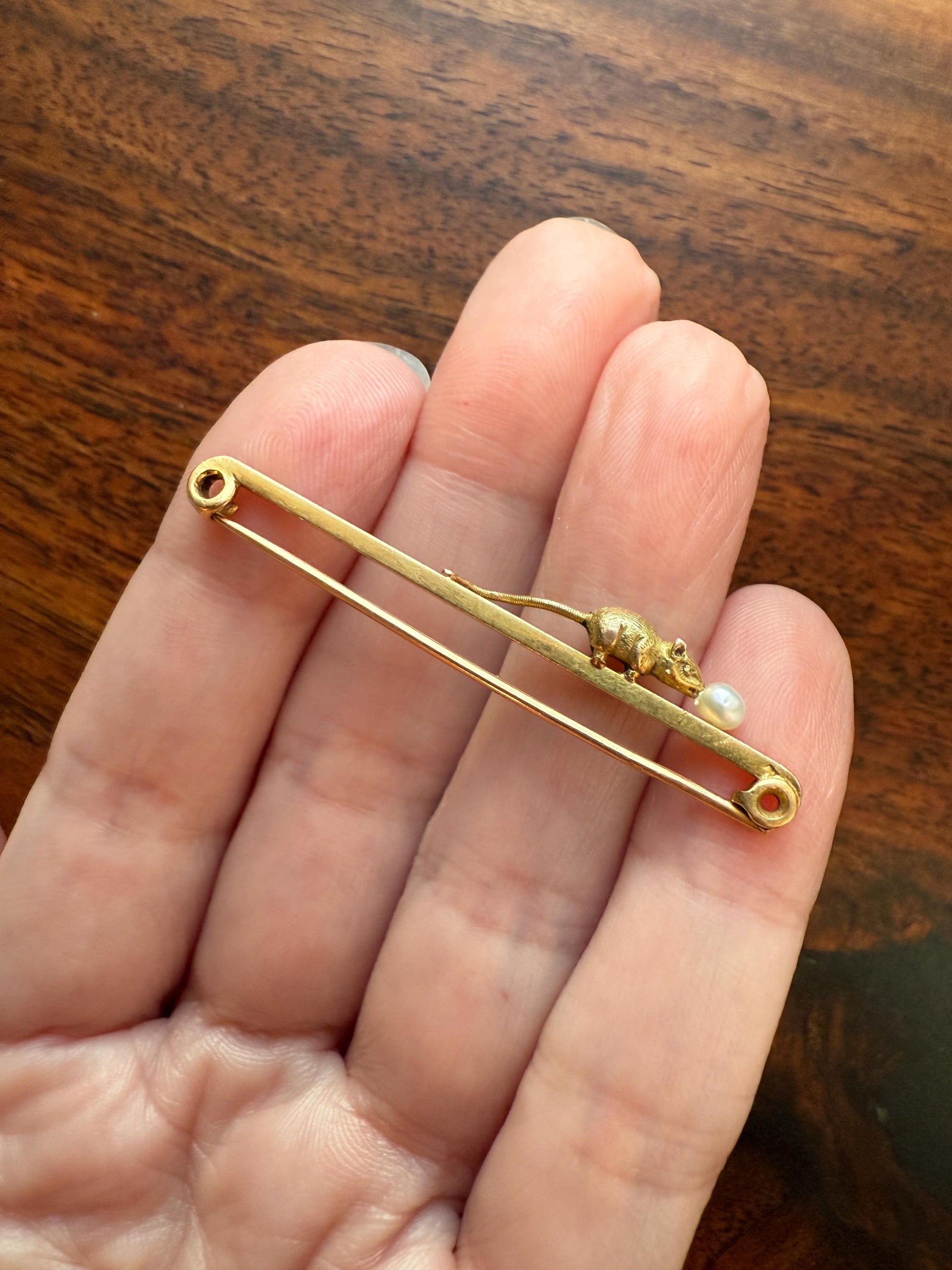 Twinning with MOUSE Victorian Figural Safety Pin Bar Brooch for Pendant Charm Holder French Antique 18k Gold Solid Extender Connector