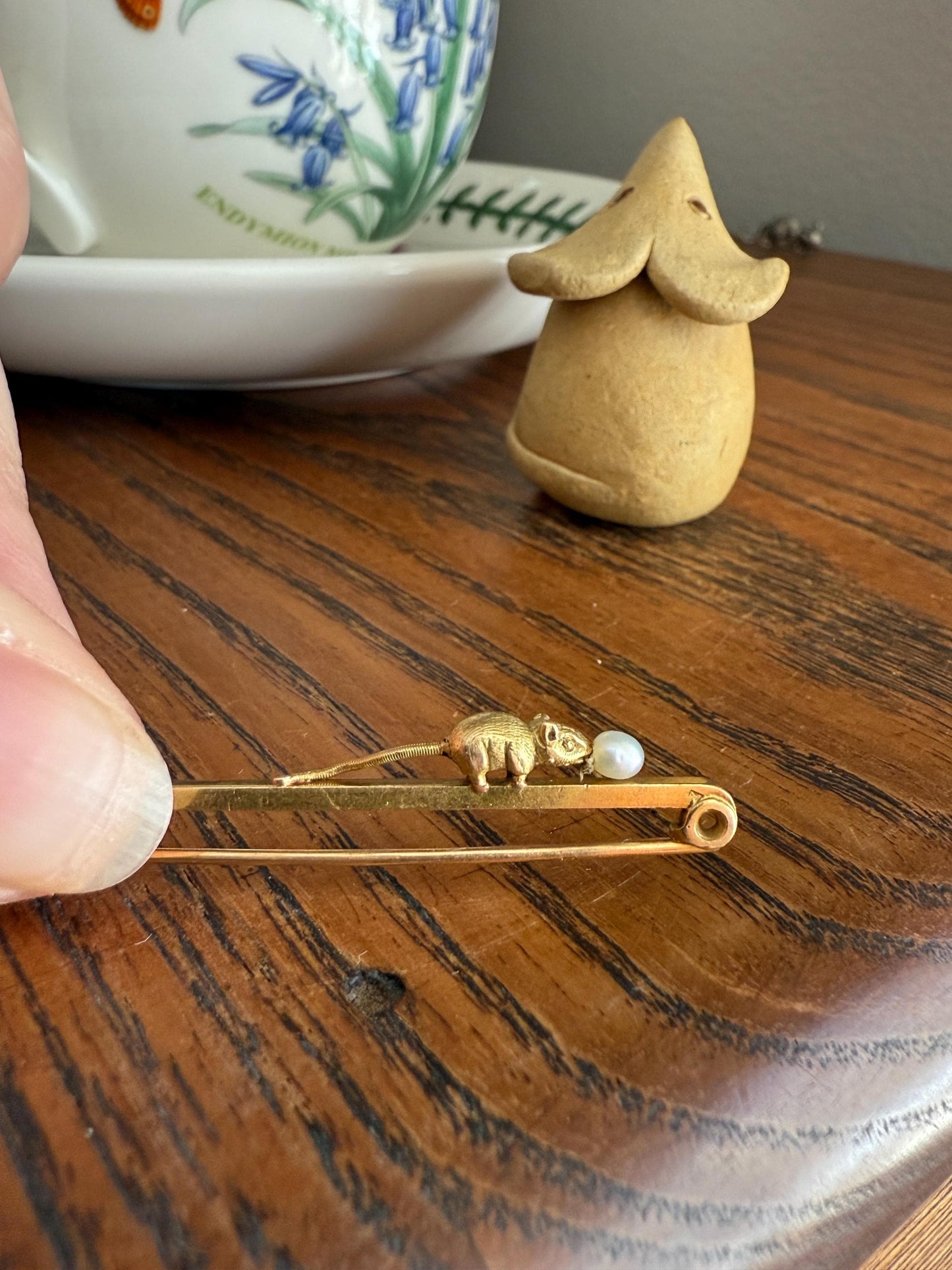 Twinning with MOUSE Victorian Figural Safety Pin Bar Brooch for Pendant Charm Holder French Antique 18k Gold Solid Extender Connector