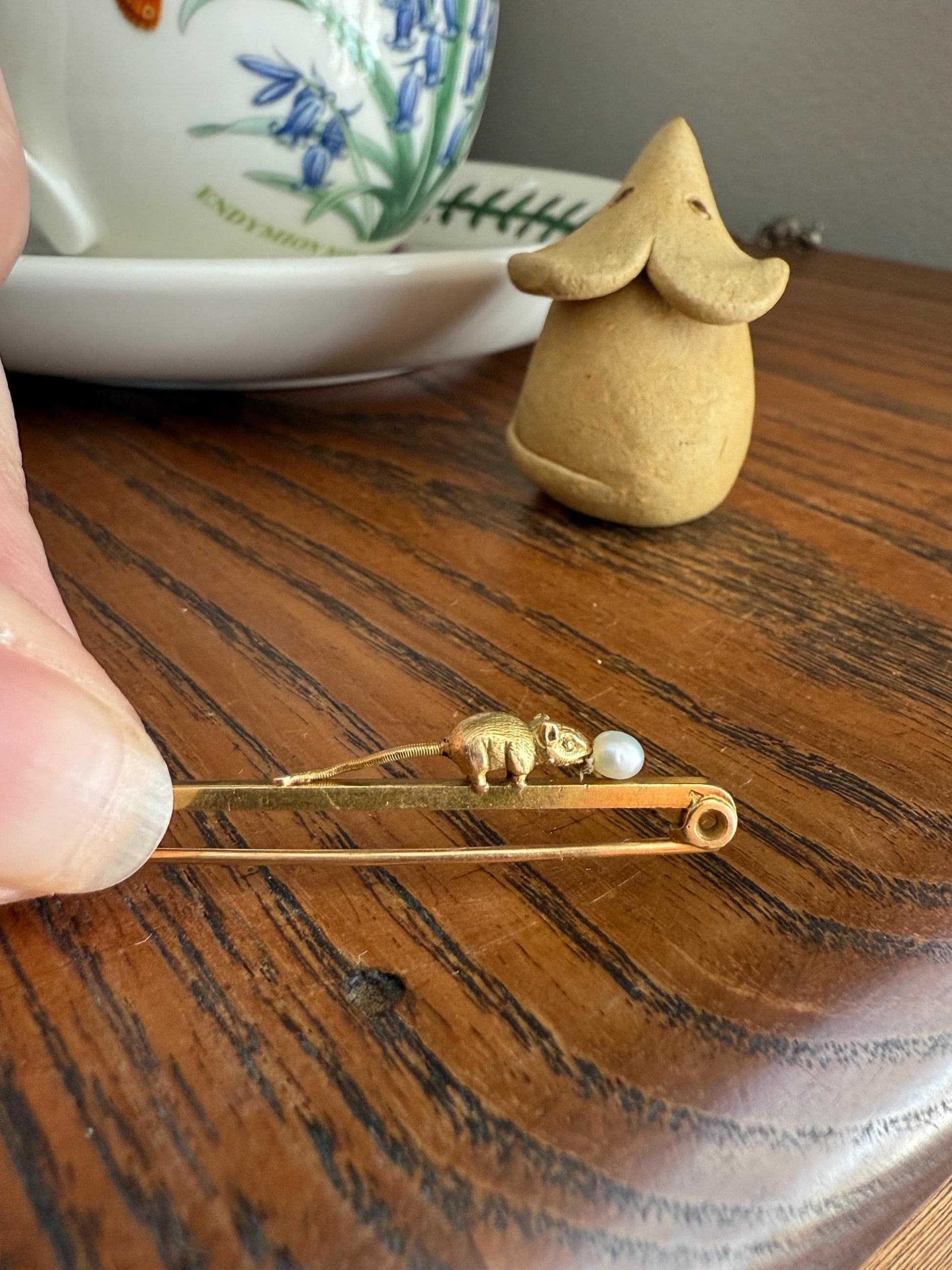 Twinning with MOUSE Victorian Figural Safety Pin Bar Brooch for Pendant Charm Holder French Antique 18k Gold Solid Extender Connector