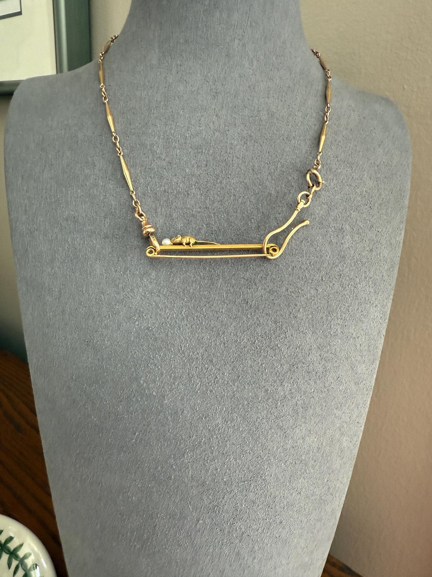 Twinning with MOUSE Victorian Figural Safety Pin Bar Brooch for Pendant Charm Holder French Antique 18k Gold Solid Extender Connector