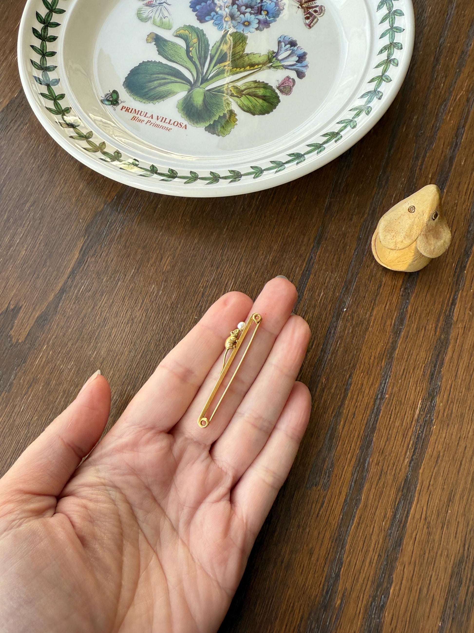 Twinning with MOUSE Victorian Figural Safety Pin Bar Brooch for Pendant Charm Holder French Antique 18k Gold Solid Extender Connector