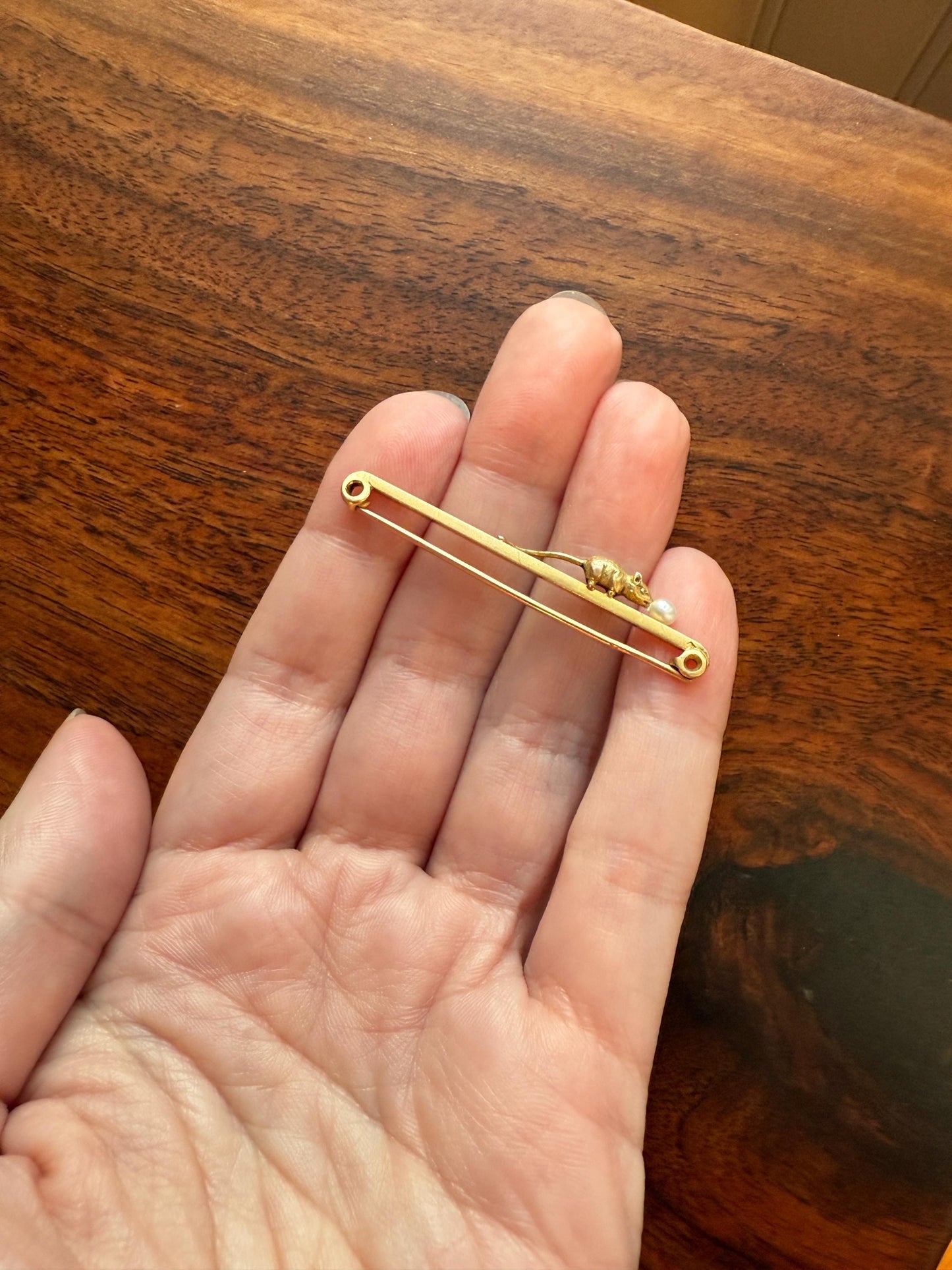 Twinning with MOUSE Victorian Figural Safety Pin Bar Brooch for Pendant Charm Holder French Antique 18k Gold Solid Extender Connector