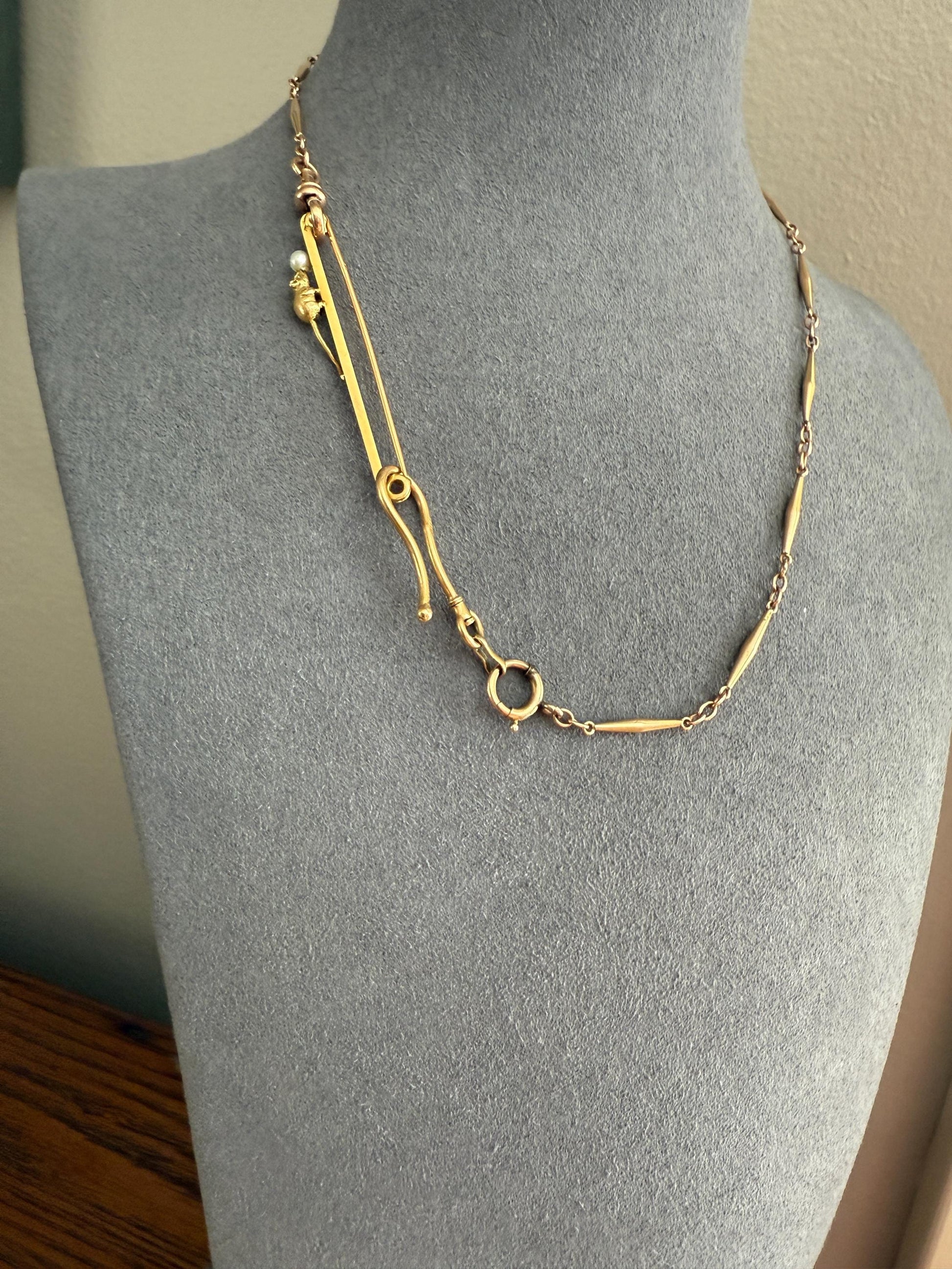 Twinning with MOUSE Victorian Figural Safety Pin Bar Brooch for Pendant Charm Holder French Antique 18k Gold Solid Extender Connector