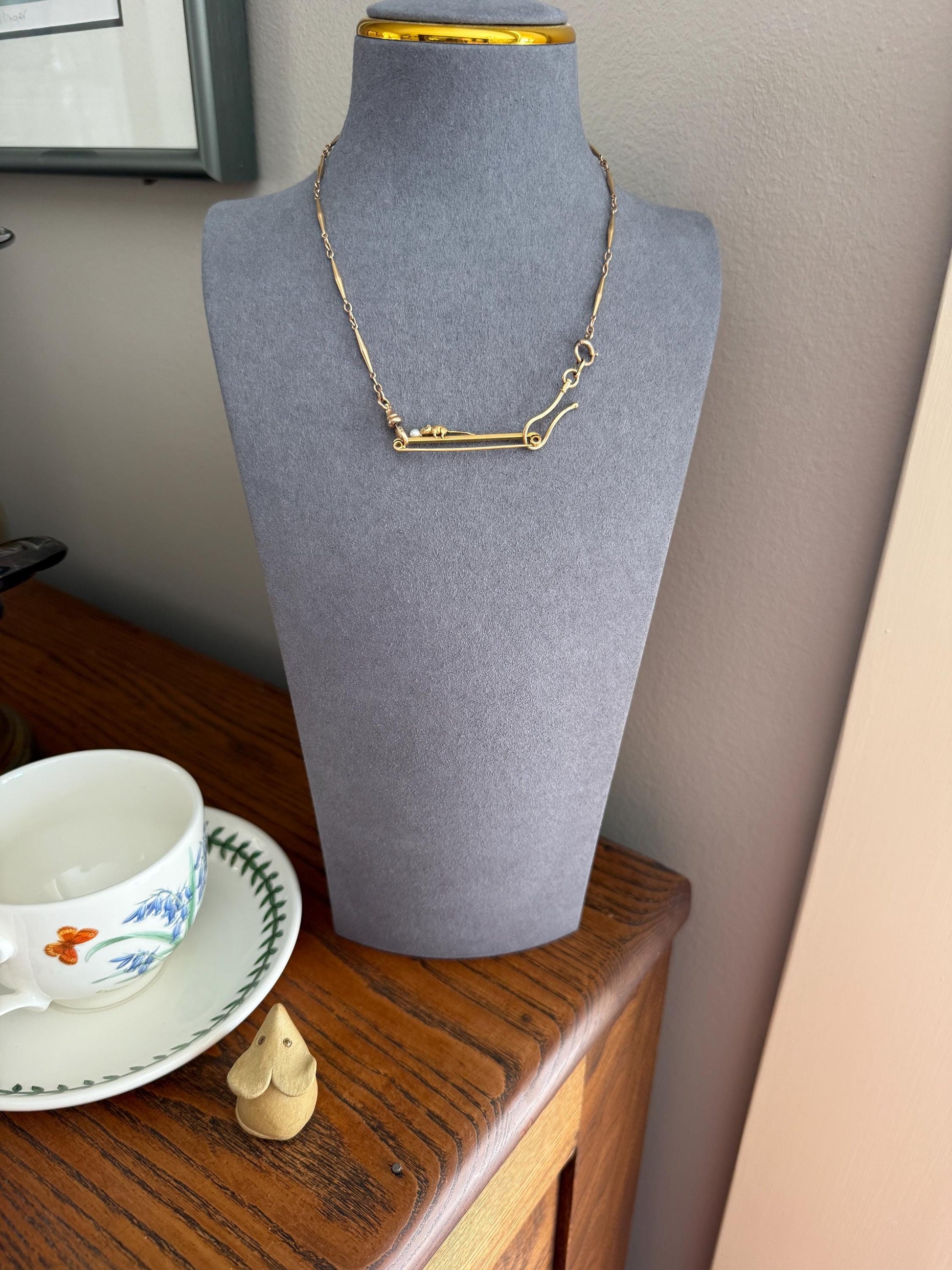 Twinning with MOUSE Victorian Figural Safety Pin Bar Brooch for Pendant Charm Holder French Antique 18k Gold Solid Extender Connector