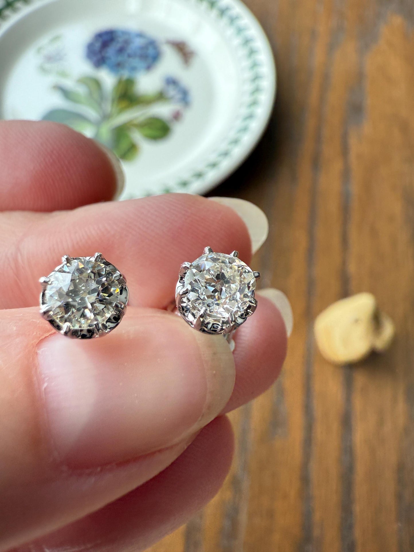 BOXED Eye Clean Antique 1.1 Carat Tdw Old Mine Cut Diamond Earrings 18k White Gold Platinum Studs French Stud in Box