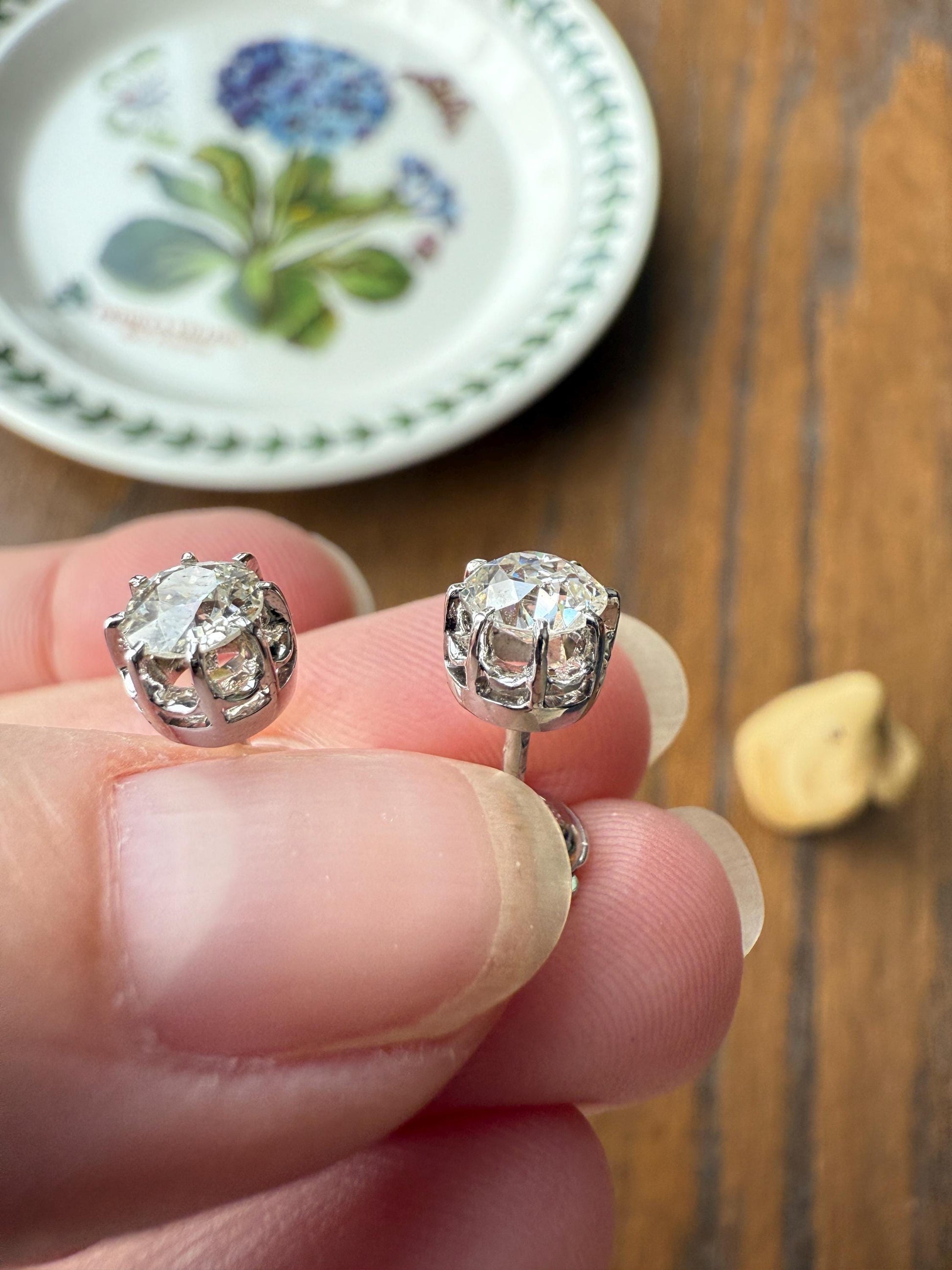 BOXED Eye Clean Antique 1.1 Carat Tdw Old Mine Cut Diamond Earrings 18k White Gold Platinum Studs French Stud in Box