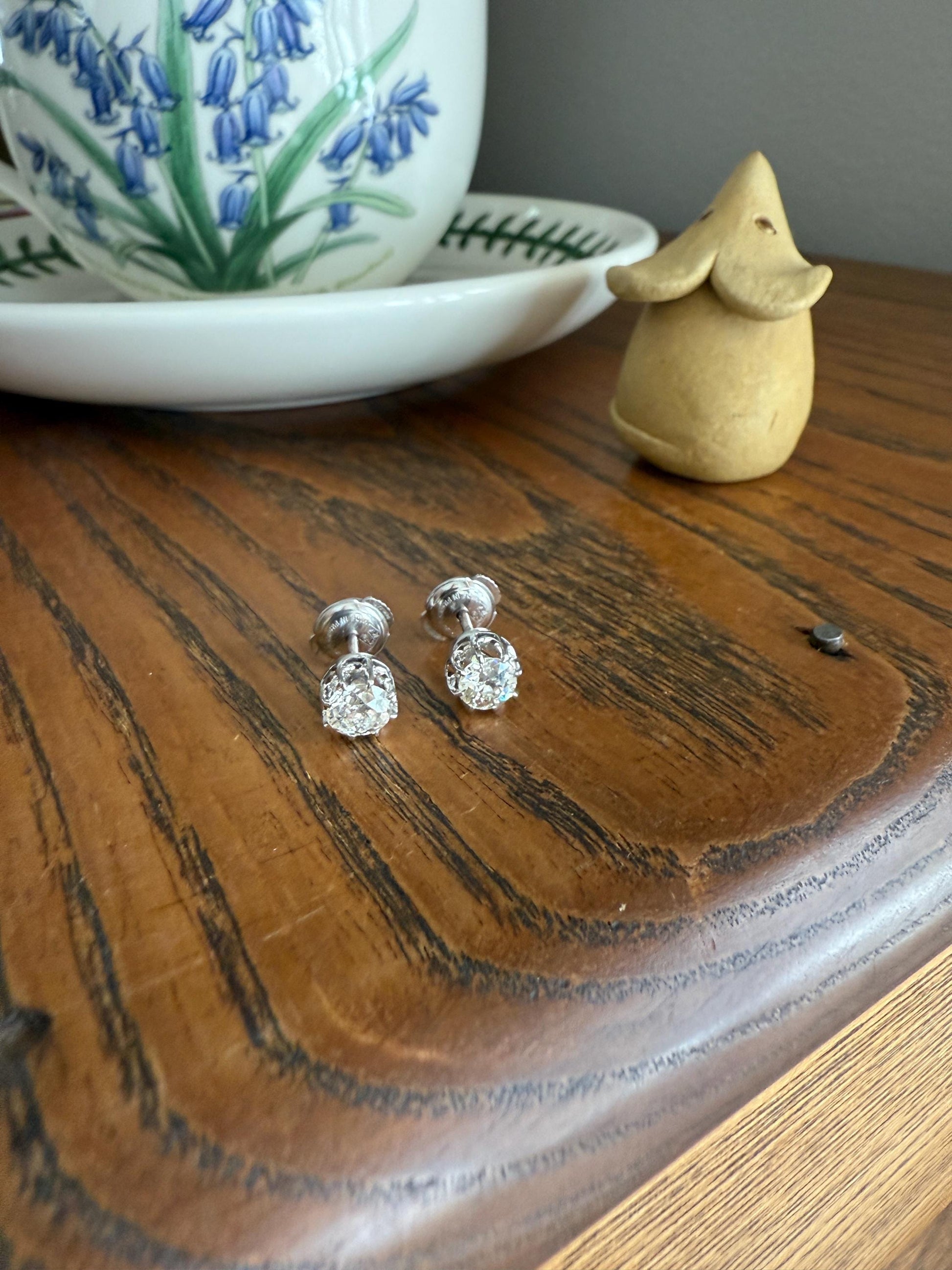 BOXED Eye Clean Antique 1.1 Carat Tdw Old Mine Cut Diamond Earrings 18k White Gold Platinum Studs French Stud in Box