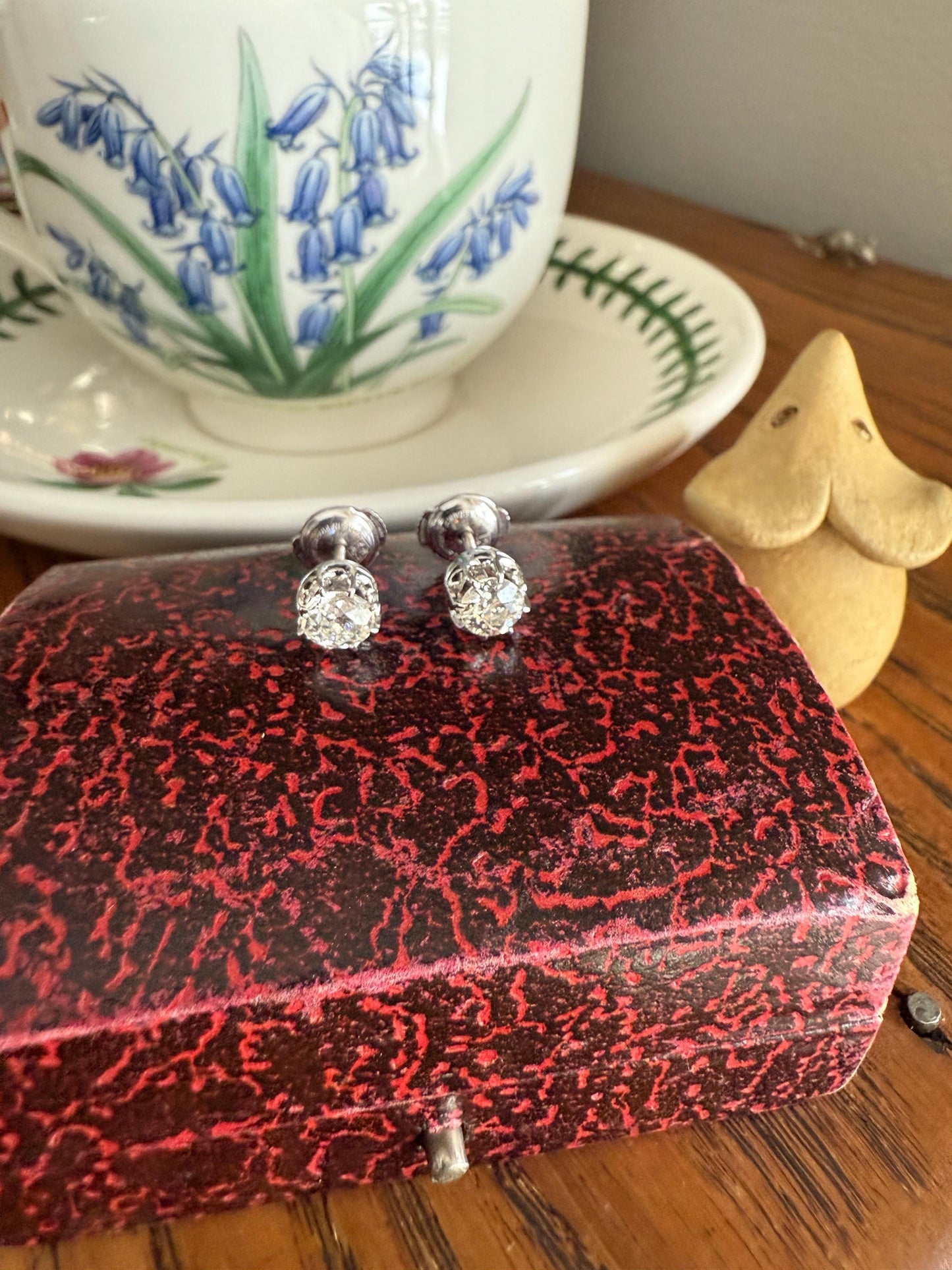 BOXED Eye Clean Antique 1.1 Carat Tdw Old Mine Cut Diamond Earrings 18k White Gold Platinum Studs French Stud in Box
