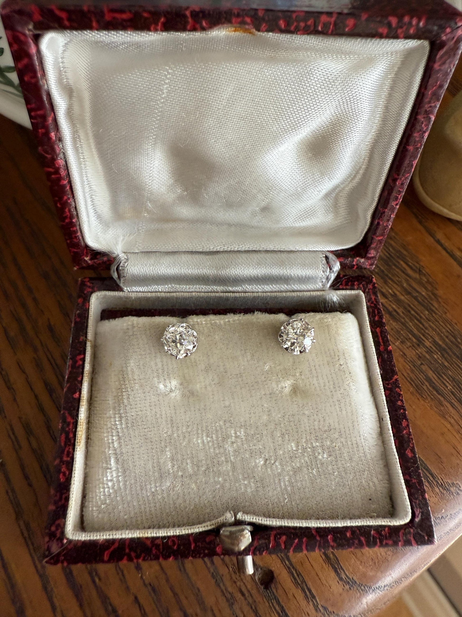 BOXED Eye Clean Antique 1.1 Carat Tdw Old Mine Cut Diamond Earrings 18k White Gold Platinum Studs French Stud in Box