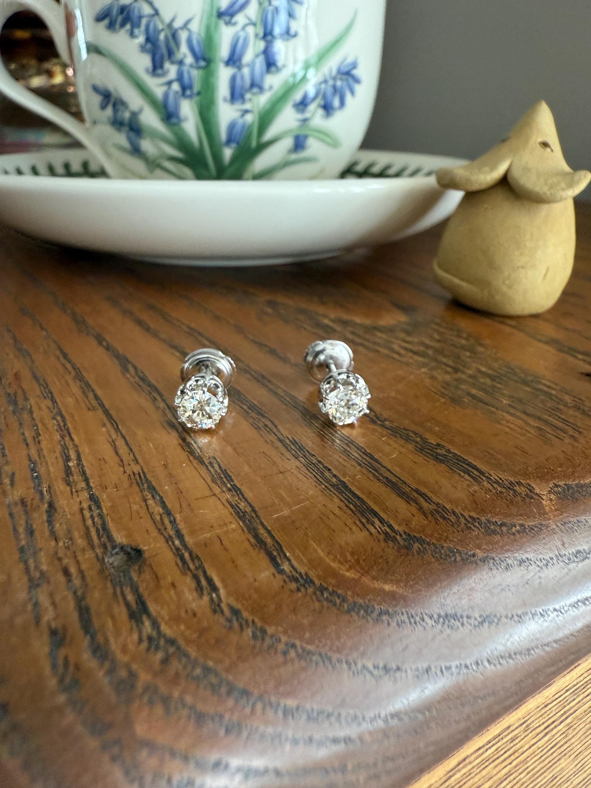 BOXED Eye Clean Antique 1.1 Carat Tdw Old Mine Cut Diamond Earrings 18k White Gold Platinum Studs French Stud in Box