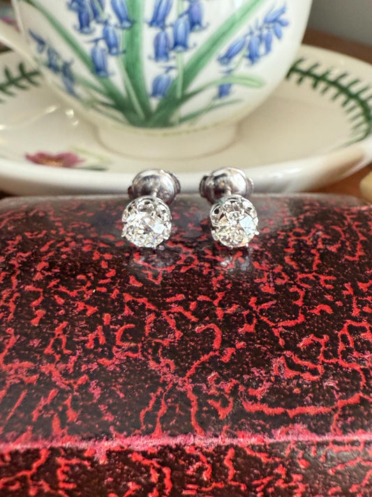 BOXED Eye Clean Antique 1.1 Carat Tdw Old Mine Cut Diamond Earrings 18k White Gold Platinum Studs French Stud in Box