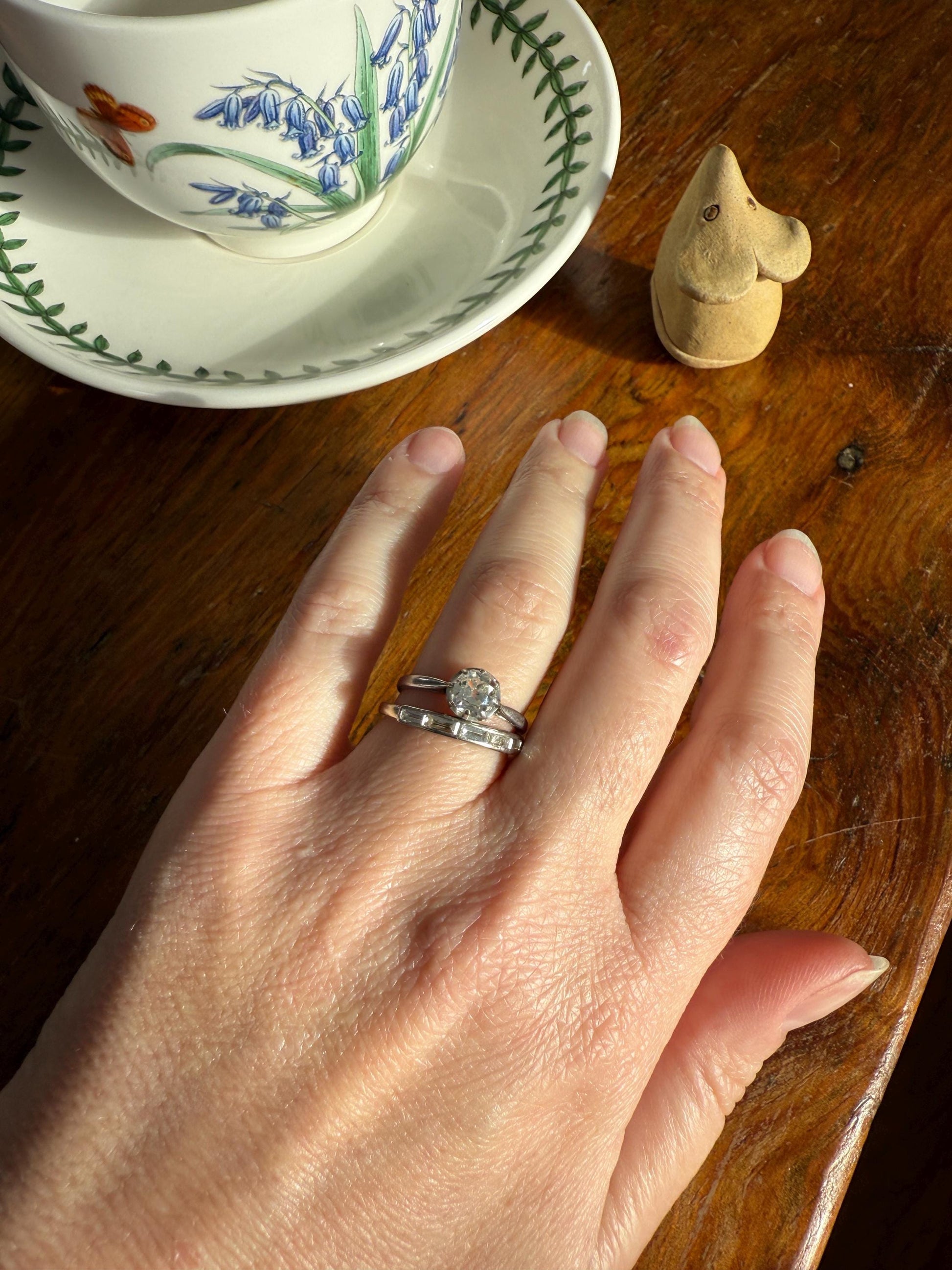 Vintage 18k White Gold Solid Eye Clean East West Five Stone Baguette Diamond Ring Skinny Stacker Band