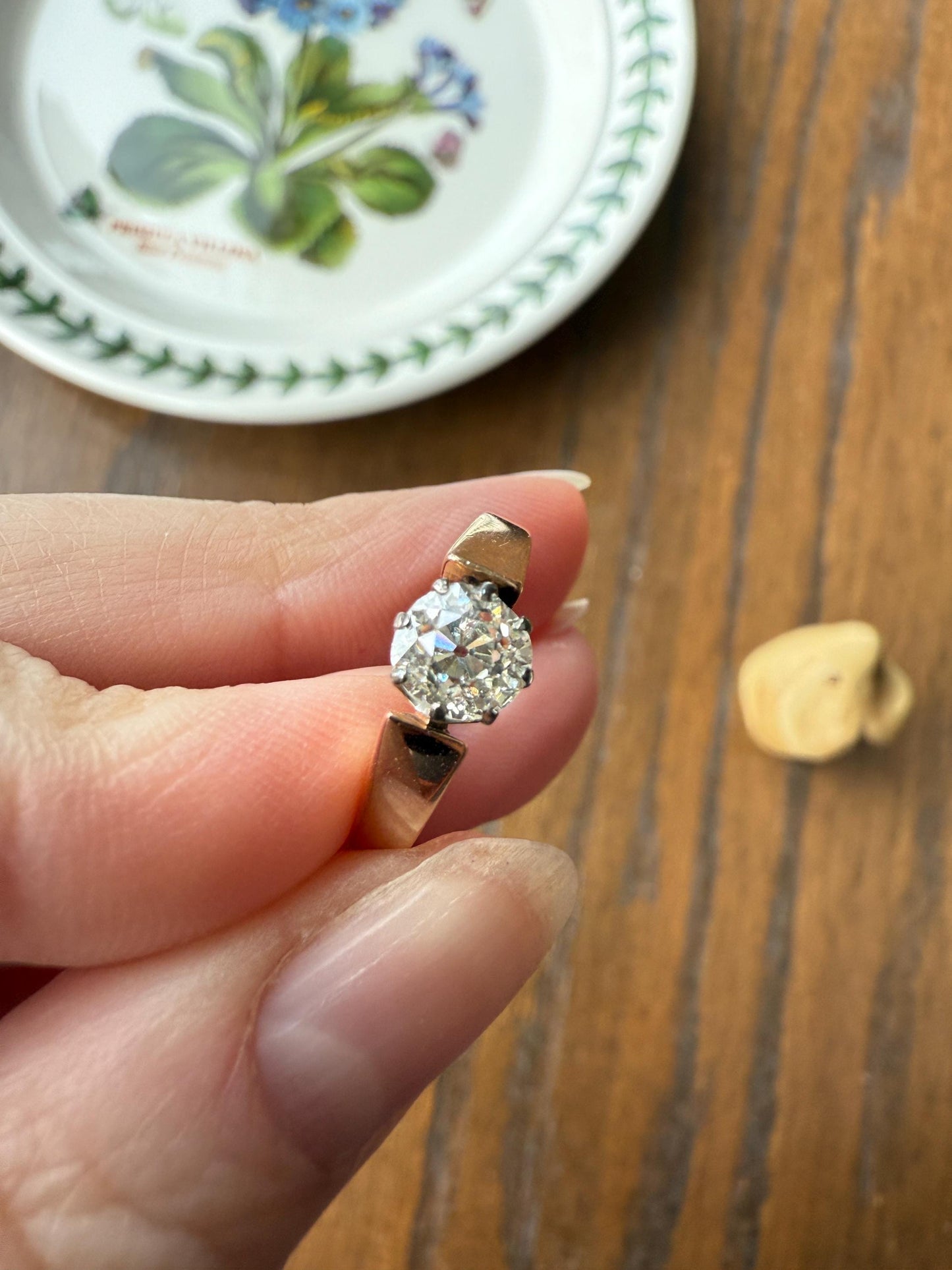 Classic Antique .87 Carat Eye Clean Old Mine Cut Diamond 18k Rosy Gold French Victorian Engagement Ring Solitaire Band Stacker