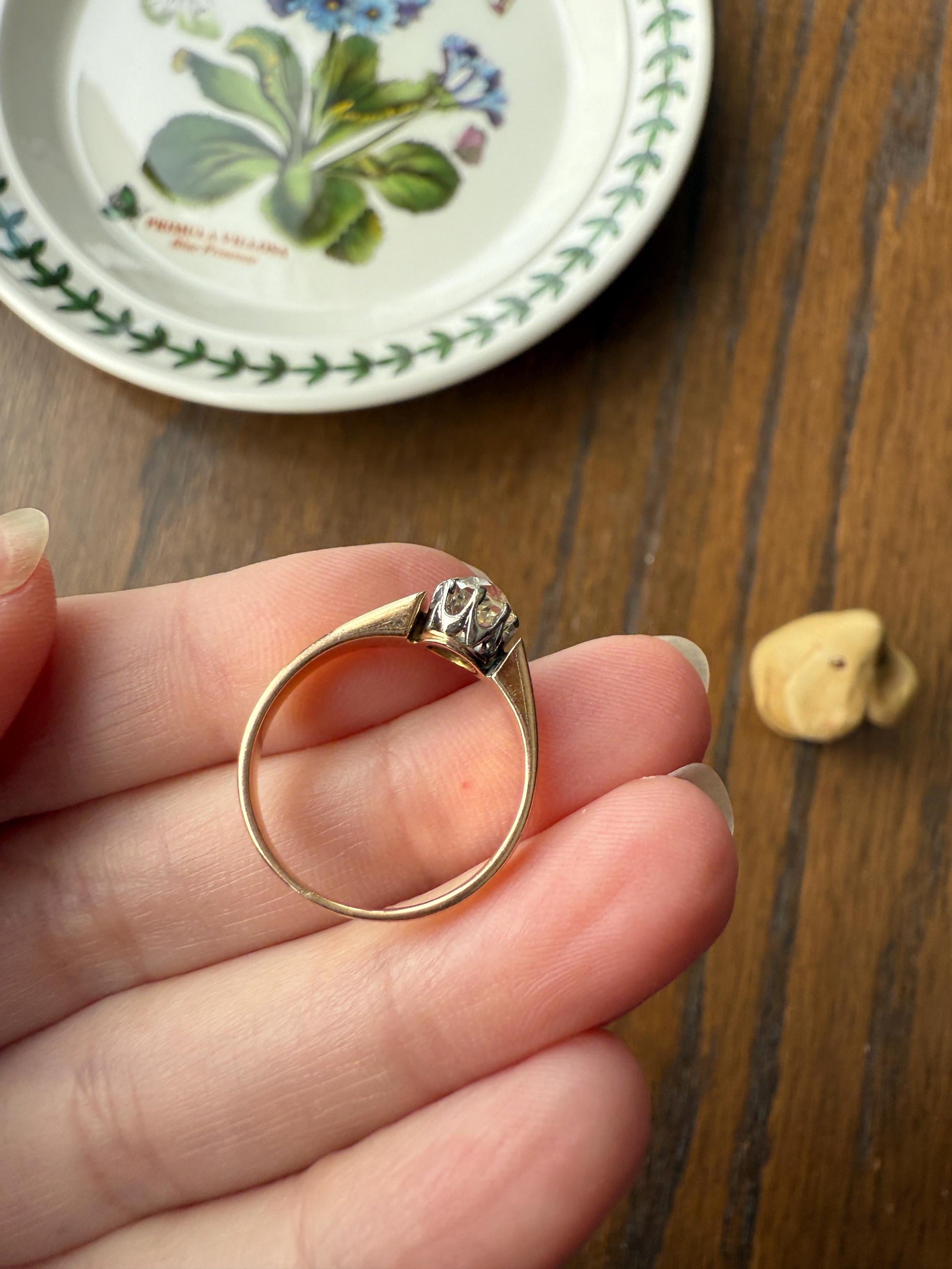 Classic Antique .87 Carat Eye Clean Old Mine Cut Diamond 18k Rosy Gold French Victorian Engagement Ring Solitaire Band Stacker