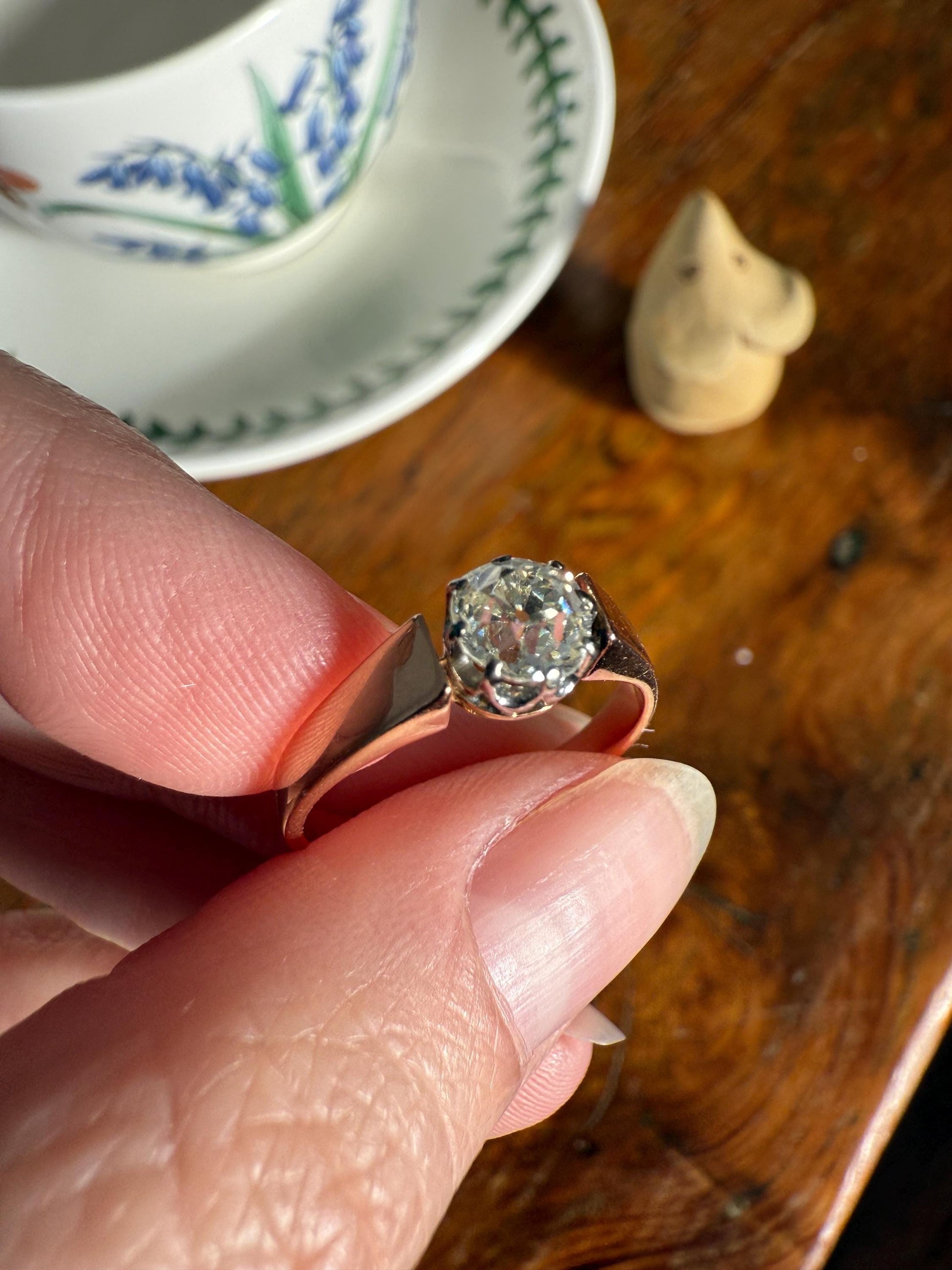 Classic Antique .87 Carat Eye Clean Old Mine Cut Diamond 18k Rosy Gold French Victorian Engagement Ring Solitaire Band Stacker