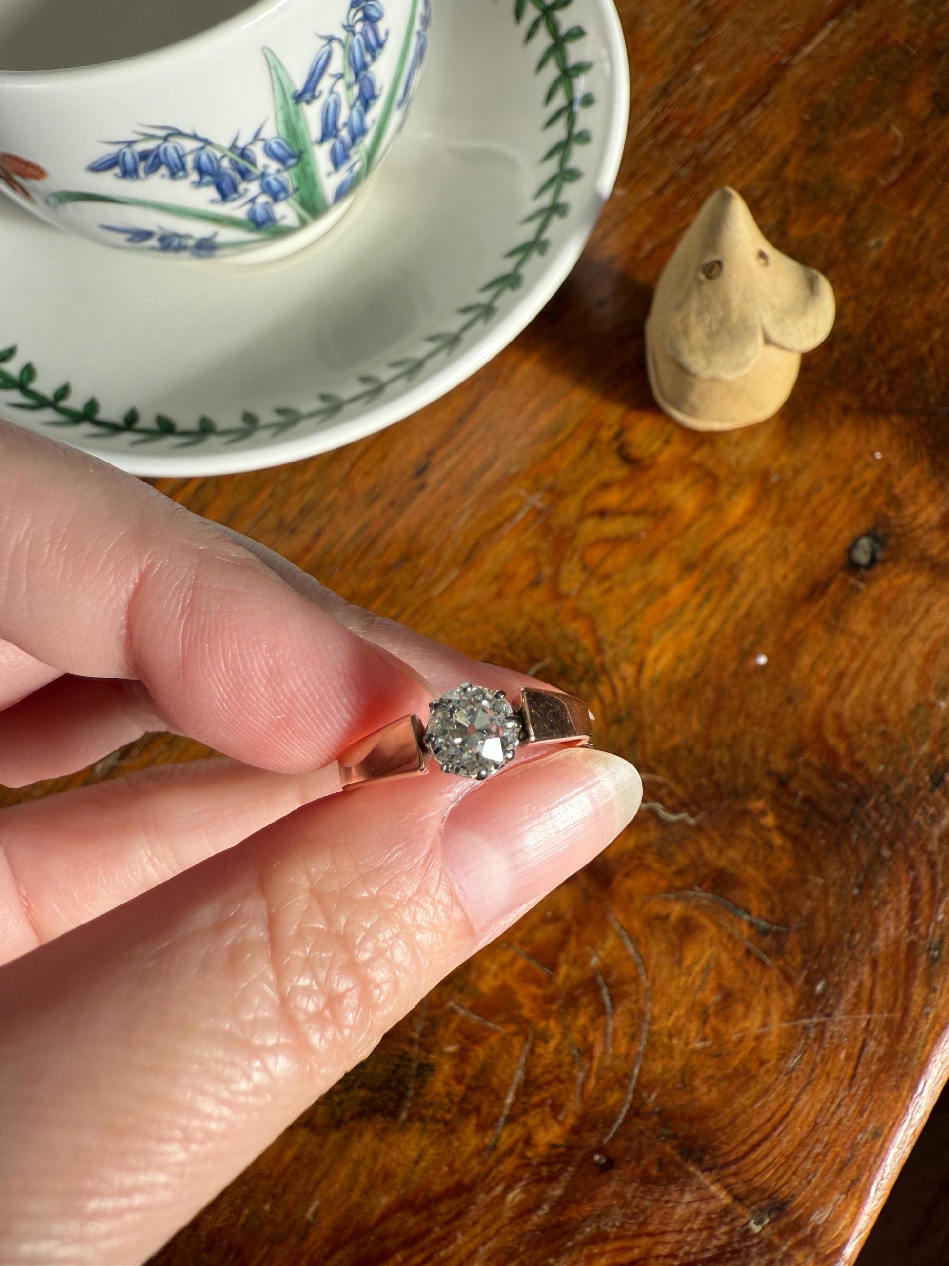 Classic Antique .87 Carat Eye Clean Old Mine Cut Diamond 18k Rosy Gold French Victorian Engagement Ring Solitaire Band Stacker