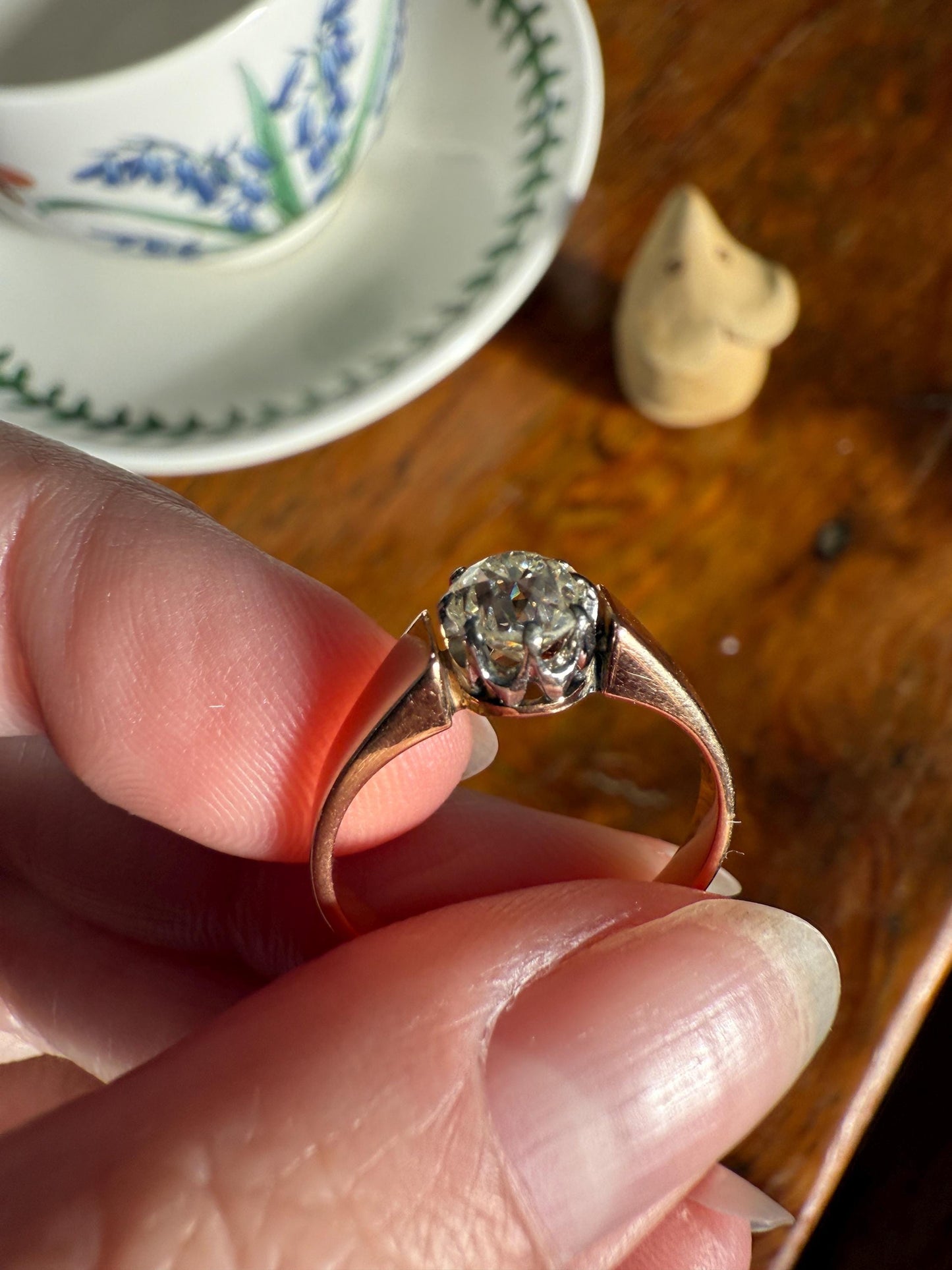Classic Antique .87 Carat Eye Clean Old Mine Cut Diamond 18k Rosy Gold French Victorian Engagement Ring Solitaire Band Stacker
