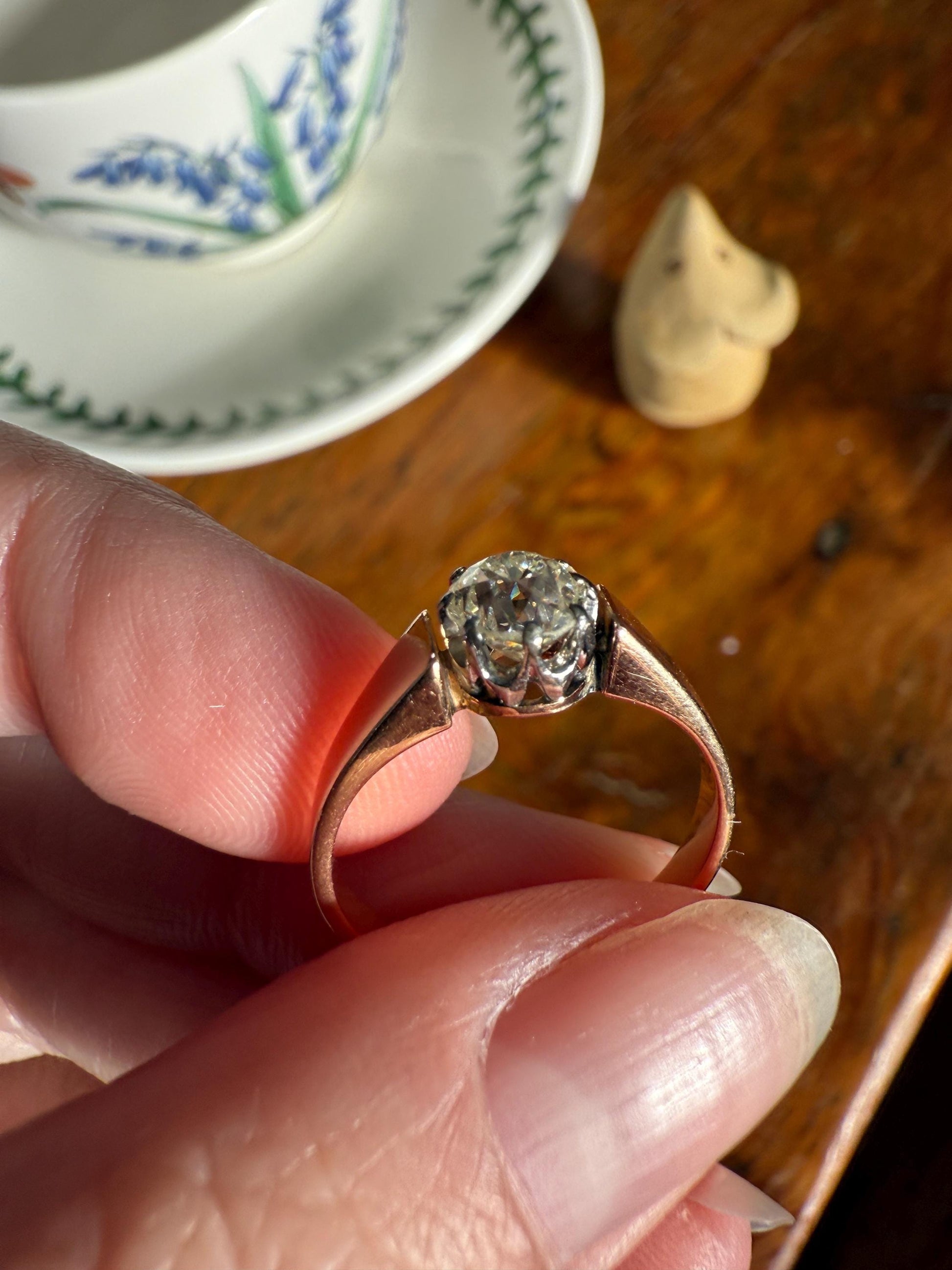 Classic Antique .87 Carat Eye Clean Old Mine Cut Diamond 18k Rosy Gold French Victorian Engagement Ring Solitaire Band Stacker