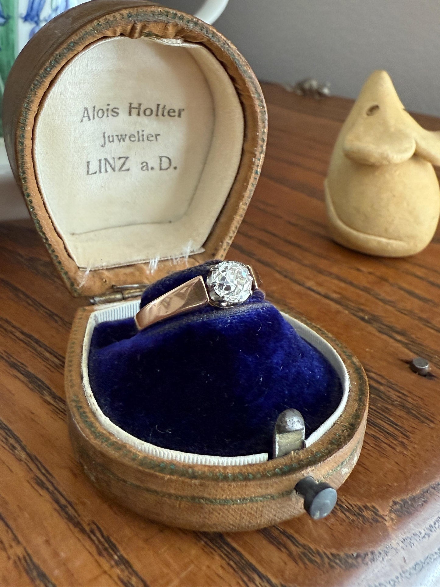 Classic Antique .87 Carat Eye Clean Old Mine Cut Diamond 18k Rosy Gold French Victorian Engagement Ring Solitaire Band Stacker