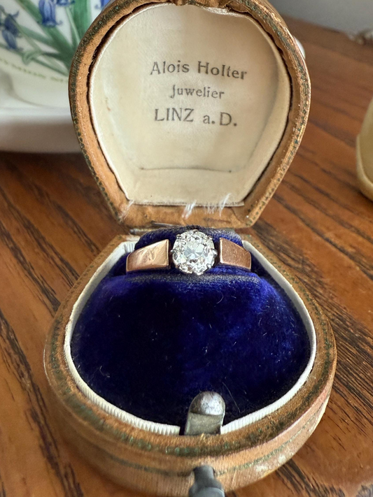 Classic Antique .87 Carat Eye Clean Old Mine Cut Diamond 18k Rosy Gold French Victorian Engagement Ring Solitaire Band Stacker