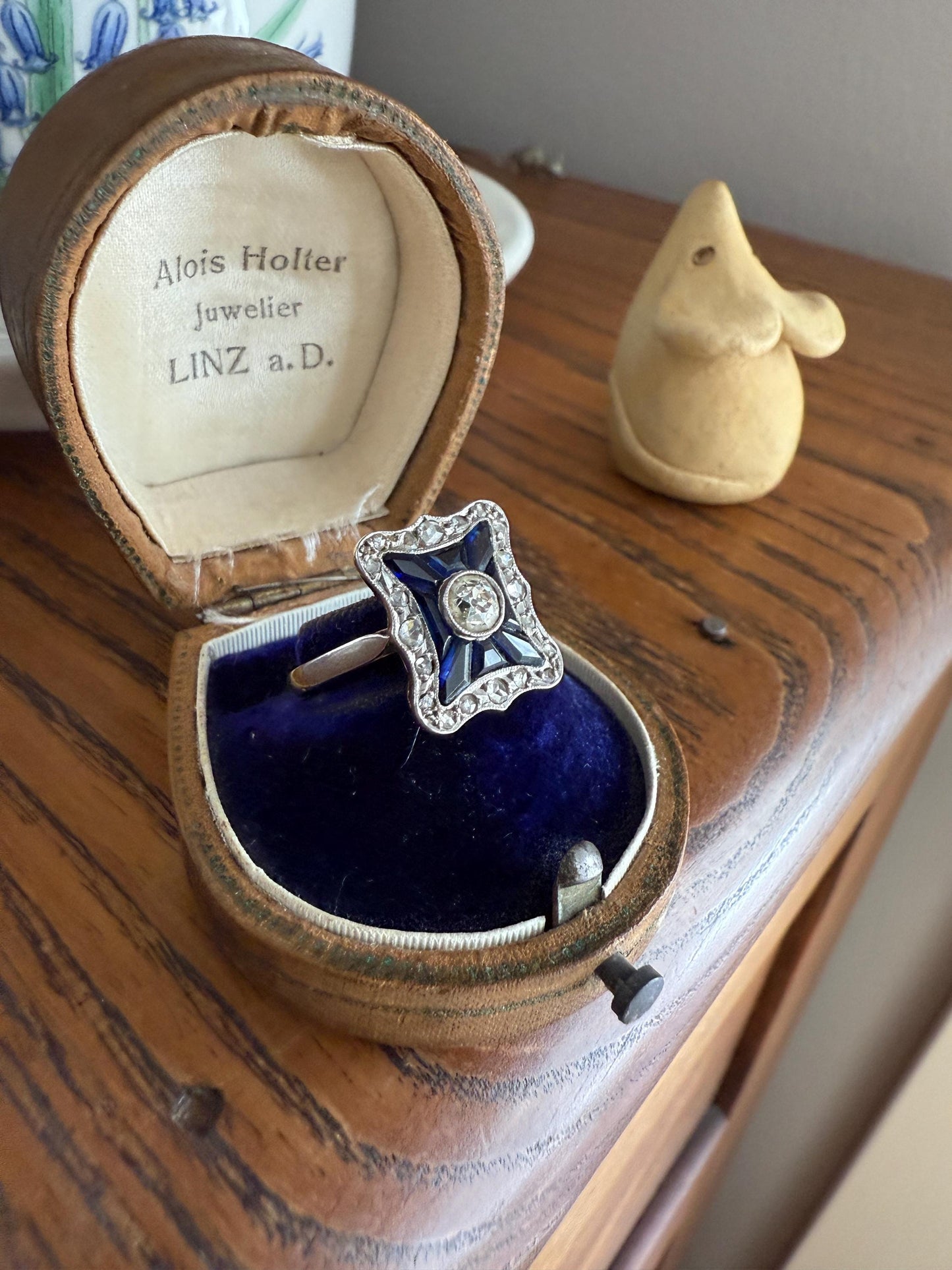 SHIELD Natural Sapphire Eye Clean Old Mine Cut Diamond Rose Cut Halo Antique Ring French 18k Gold Ornate Blue Lozenge Kite Trapezoid Cut