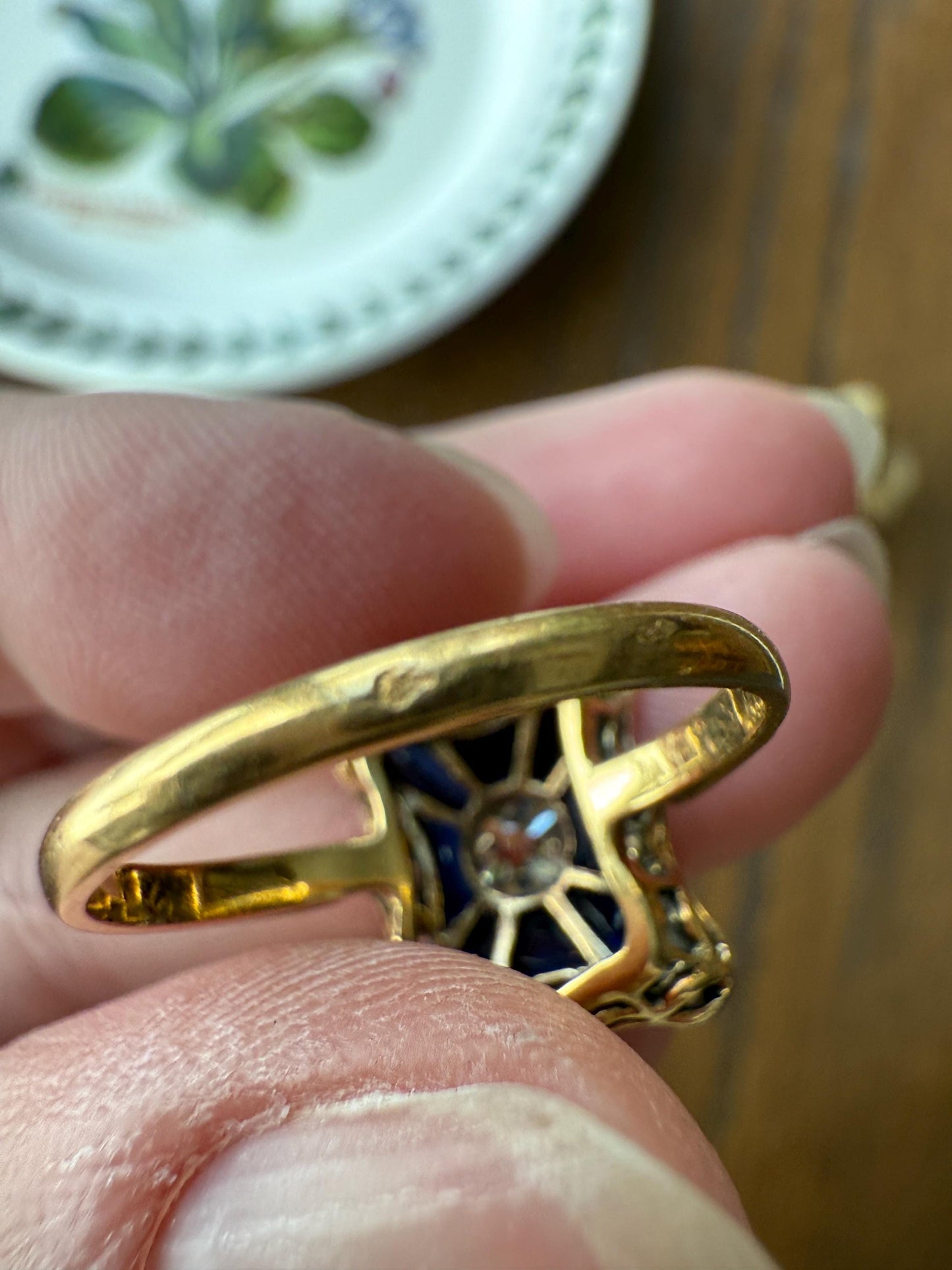 SHIELD Natural Sapphire Eye Clean Old Mine Cut Diamond Rose Cut Halo Antique Ring French 18k Gold Ornate Blue Lozenge Kite Trapezoid Cut