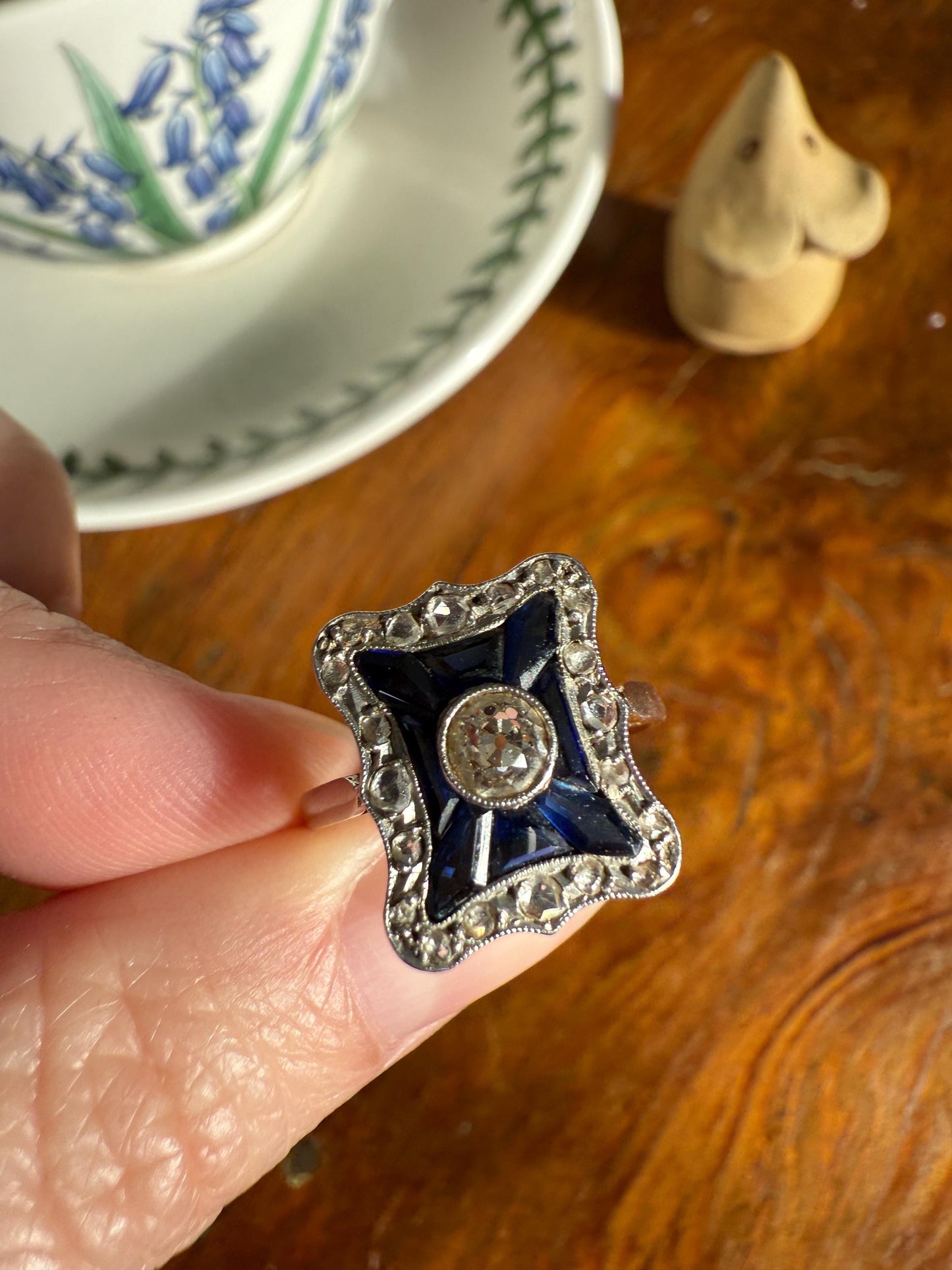 SHIELD Natural Sapphire Eye Clean Old Mine Cut Diamond Rose Cut Halo Antique Ring French 18k Gold Ornate Blue Lozenge Kite Trapezoid Cut