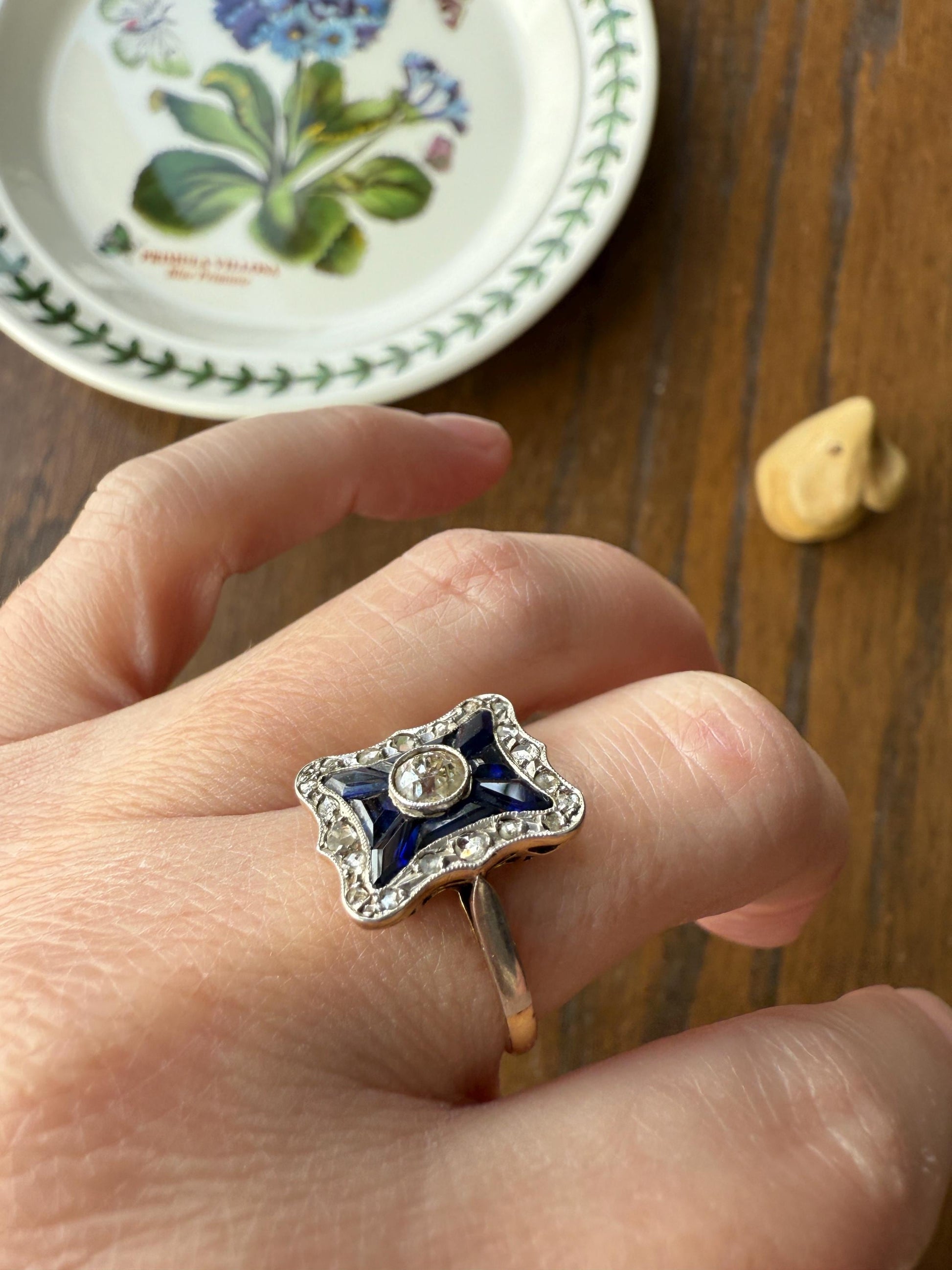 SHIELD Natural Sapphire Eye Clean Old Mine Cut Diamond Rose Cut Halo Antique Ring French 18k Gold Ornate Blue Lozenge Kite Trapezoid Cut