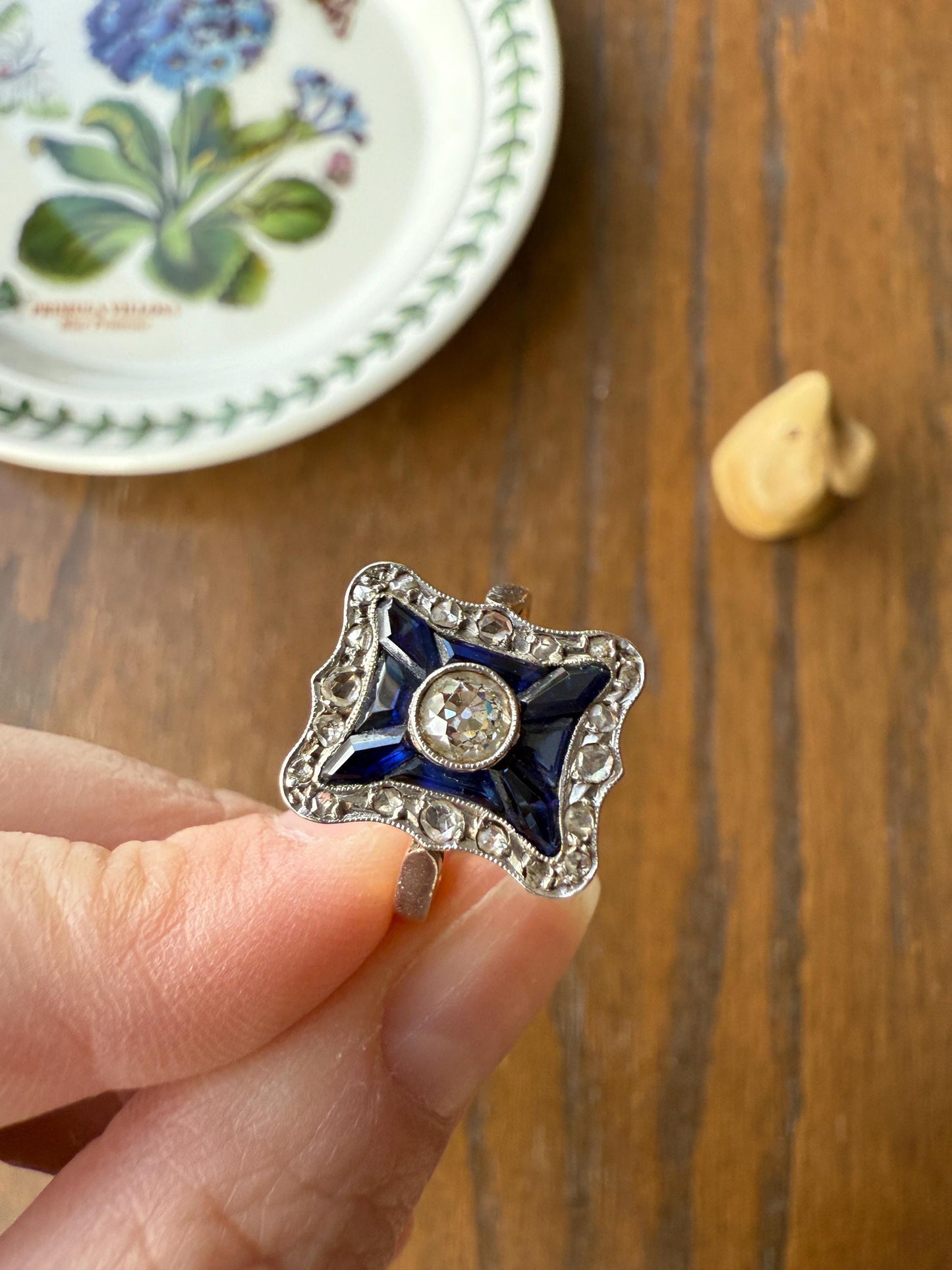 SHIELD Natural Sapphire Eye Clean Old Mine Cut Diamond Rose Cut Halo Antique Ring French 18k Gold Ornate Blue Lozenge Kite Trapezoid Cut