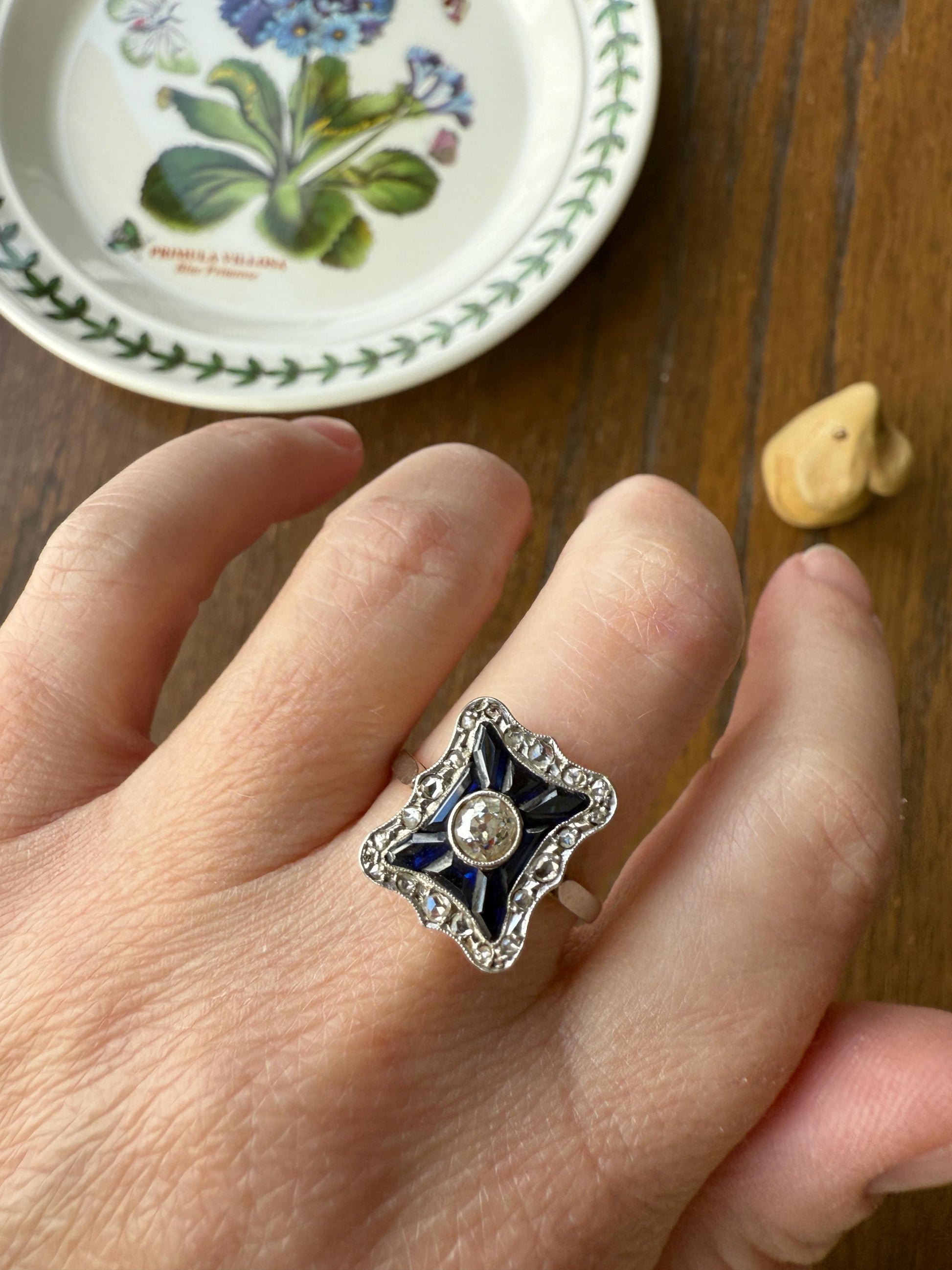 SHIELD Natural Sapphire Eye Clean Old Mine Cut Diamond Rose Cut Halo Antique Ring French 18k Gold Ornate Blue Lozenge Kite Trapezoid Cut
