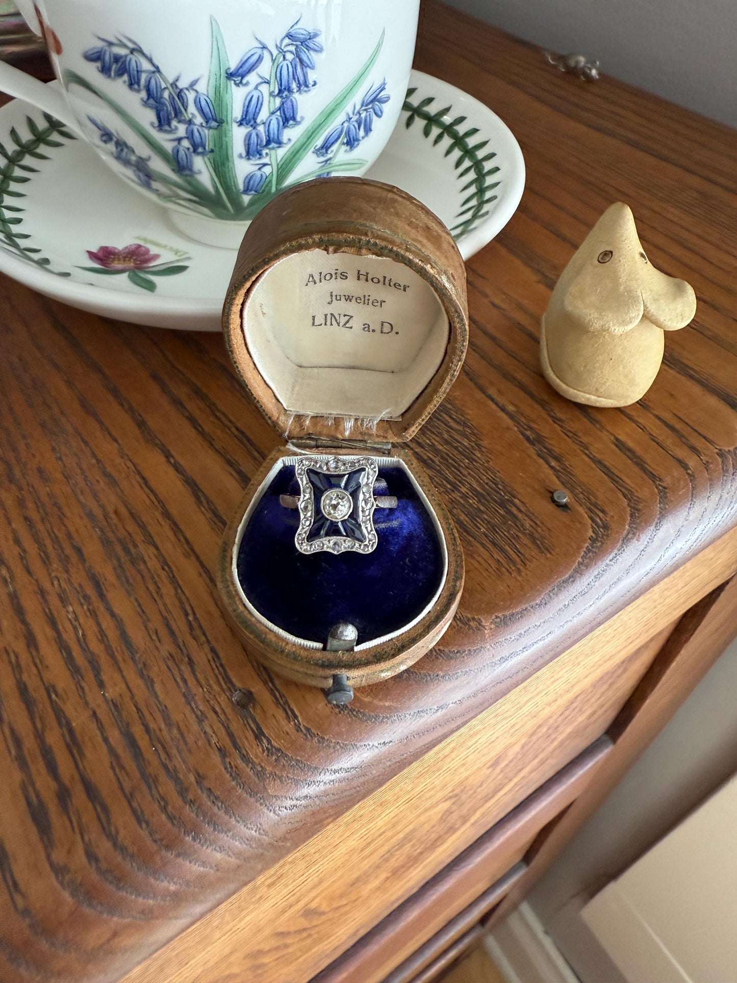 SHIELD Natural Sapphire Eye Clean Old Mine Cut Diamond Rose Cut Halo Antique Ring French 18k Gold Ornate Blue Lozenge Kite Trapezoid Cut