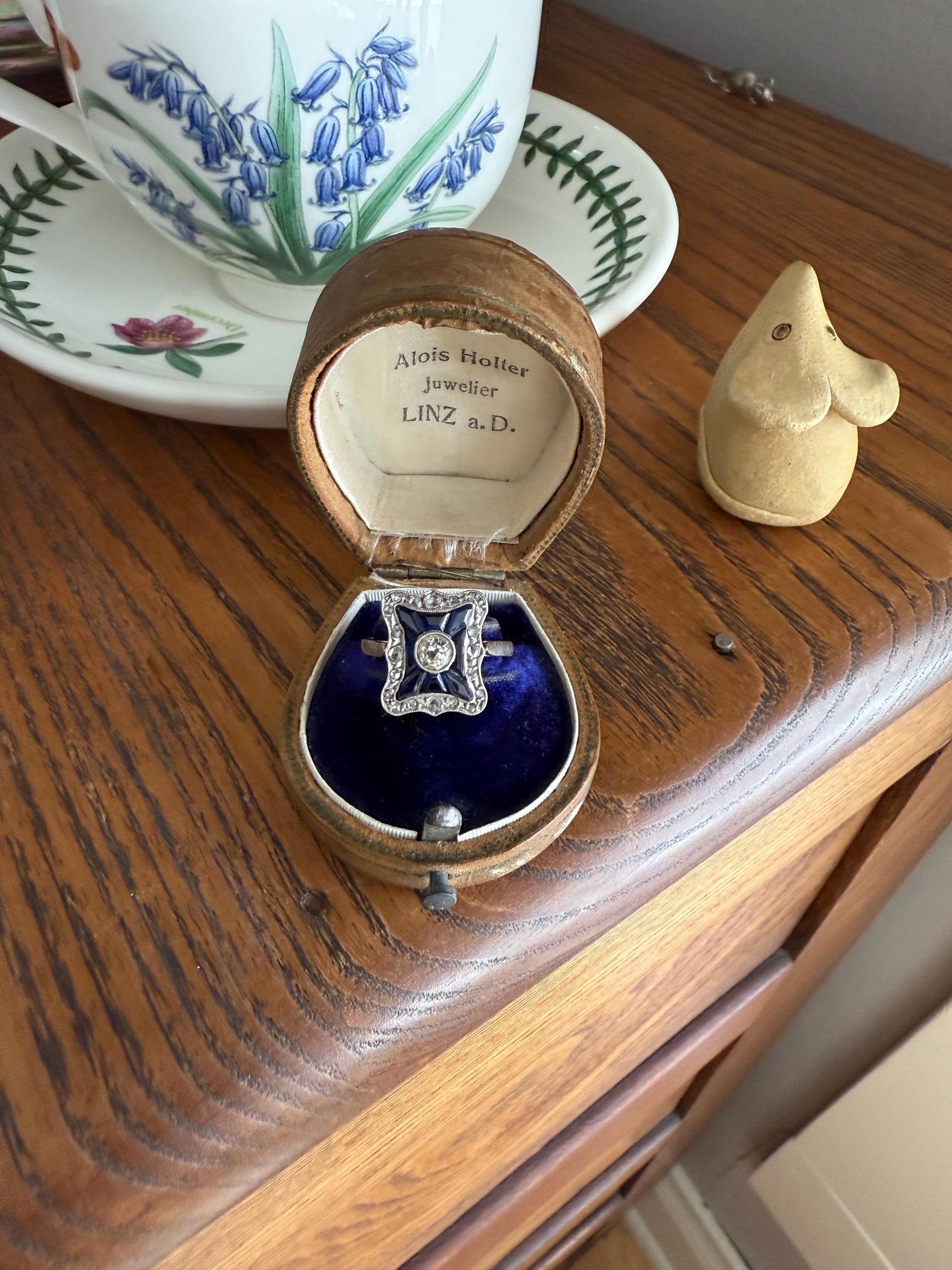 SHIELD Natural Sapphire Eye Clean Old Mine Cut Diamond Rose Cut Halo Antique Ring French 18k Gold Ornate Blue Lozenge Kite Trapezoid Cut