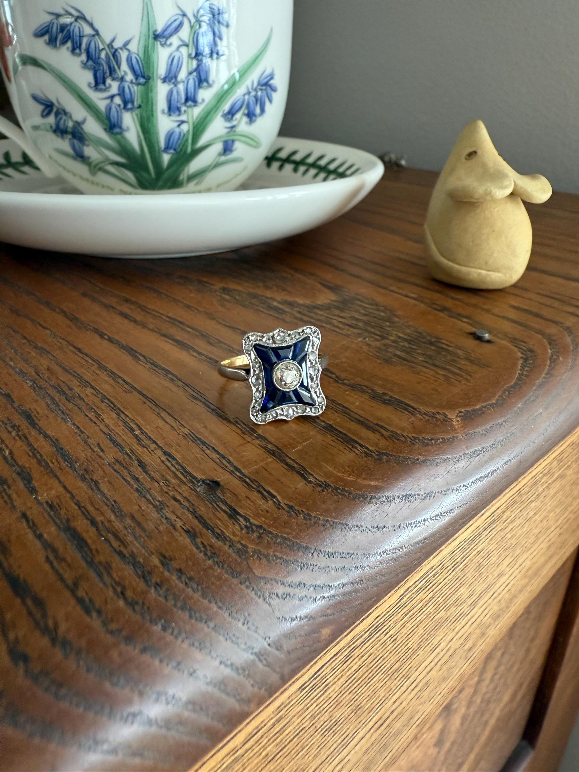 SHIELD Natural Sapphire Eye Clean Old Mine Cut Diamond Rose Cut Halo Antique Ring French 18k Gold Ornate Blue Lozenge Kite Trapezoid Cut