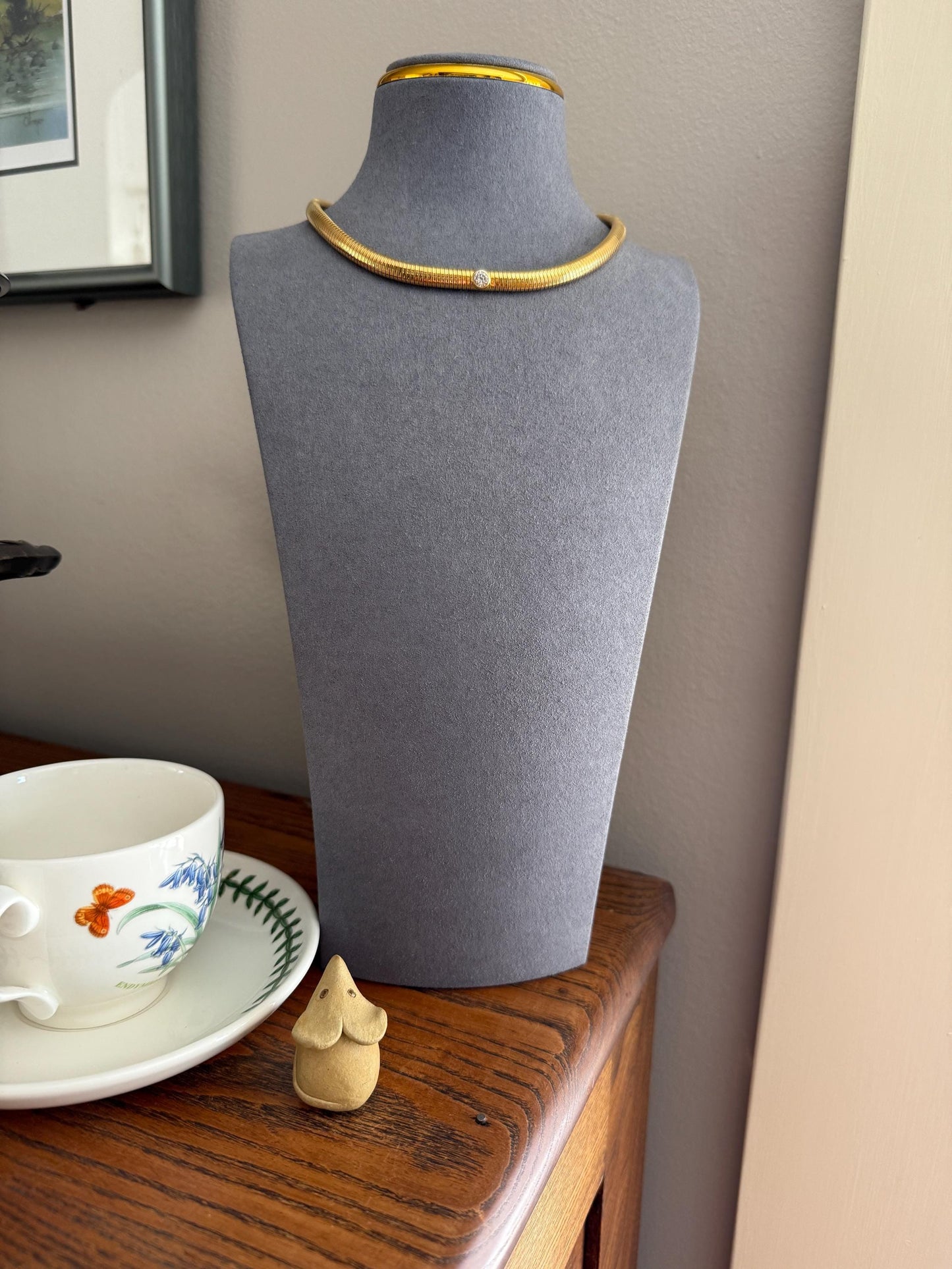 HEAVY Vintage Tubogas Chain 43g 18k GOLD Solid Bezel Set Brilliant Cut DIAMOND French Retro Necklace Springy Chunky 3D Choker