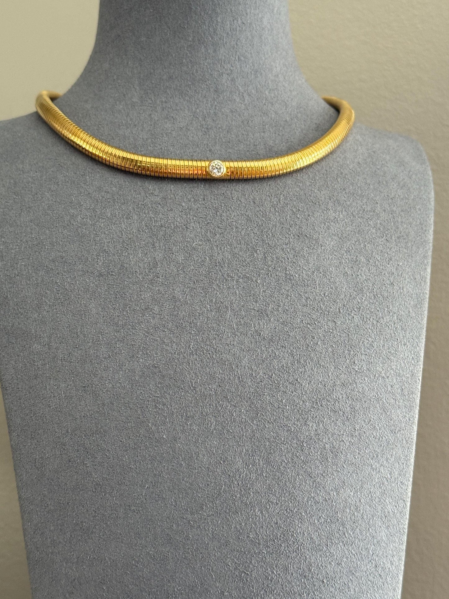 HEAVY Vintage Tubogas Chain 43g 18k GOLD Solid Bezel Set Brilliant Cut DIAMOND French Retro Necklace Springy Chunky 3D Choker