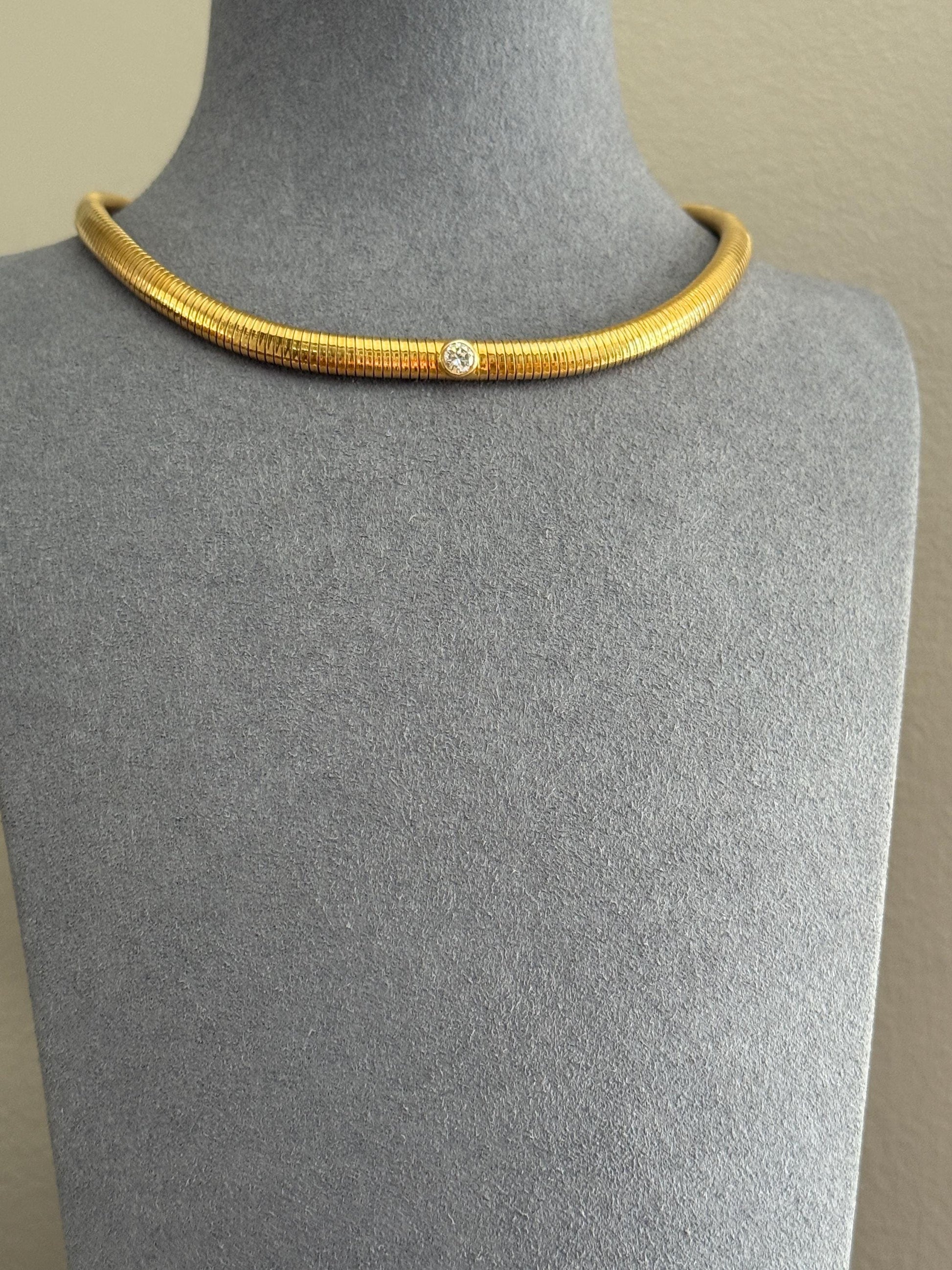 HEAVY Vintage Tubogas Chain 43g 18k GOLD Solid Bezel Set Brilliant Cut DIAMOND French Retro Necklace Springy Chunky 3D Choker