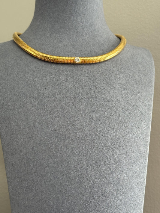HEAVY Vintage Tubogas Chain 43g 18k GOLD Solid Bezel Set Brilliant Cut DIAMOND French Retro Necklace Springy Chunky 3D Choker
